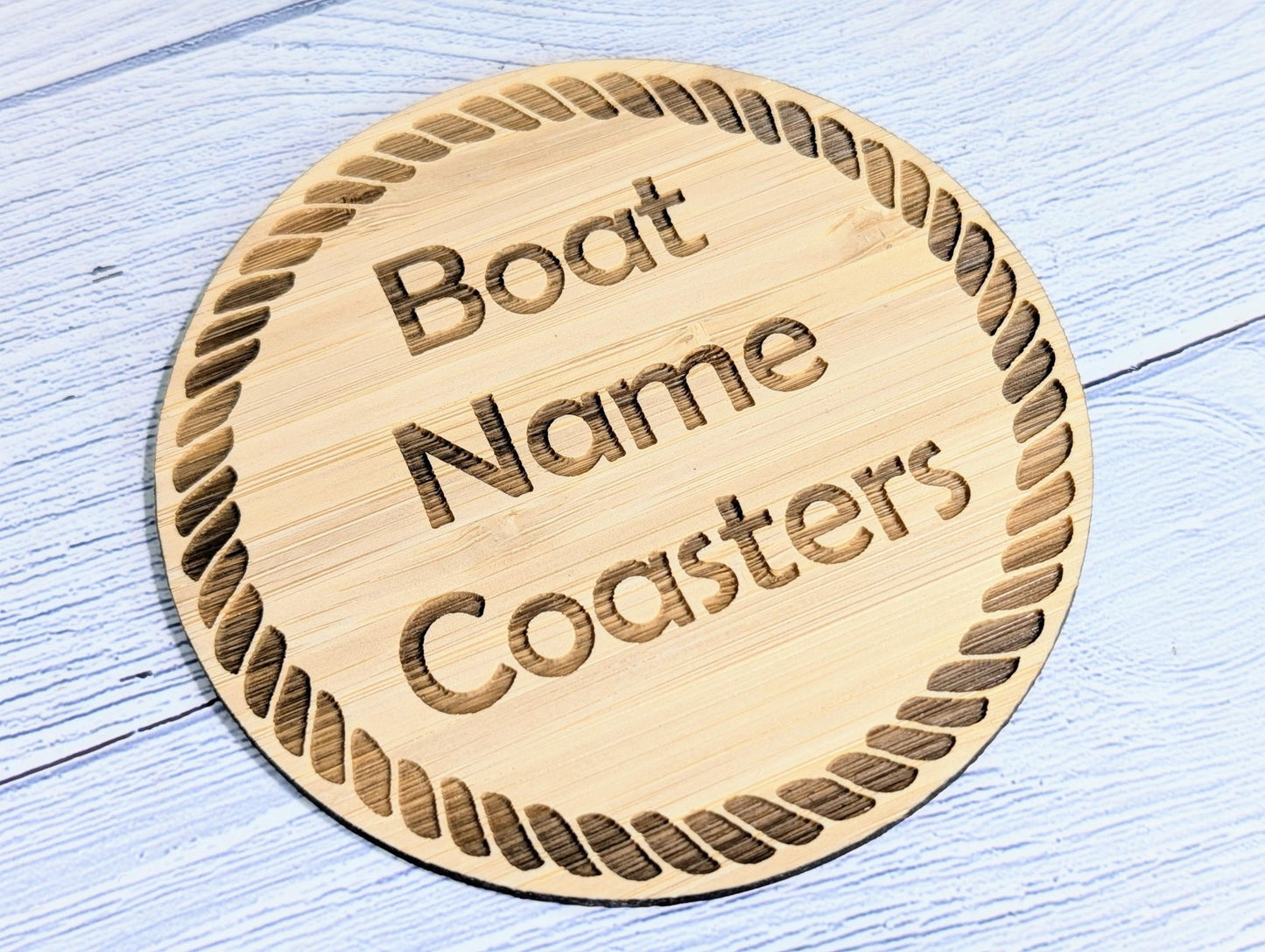 Custom Bamboo Coasters with Rope Border – Personalised Boat Name, Nautical Gift, Eco - Friendly Gift, Sustainable Craft, Round 100mm Diameter - CherryGroveCraft