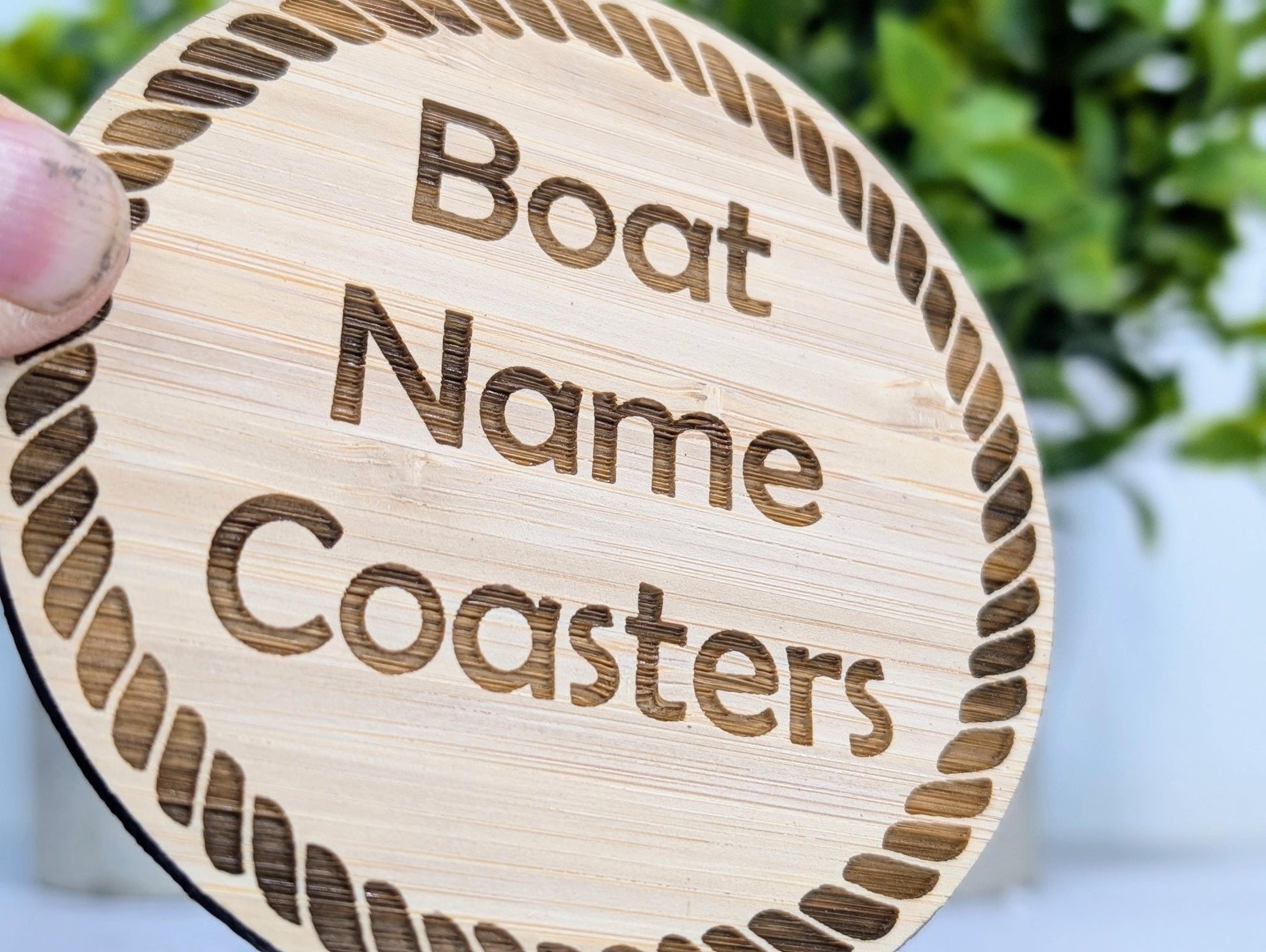 Custom Bamboo Coasters with Rope Border – Personalised Boat Name, Nautical Gift, Eco - Friendly Gift, Sustainable Craft, Round 100mm Diameter - CherryGroveCraft