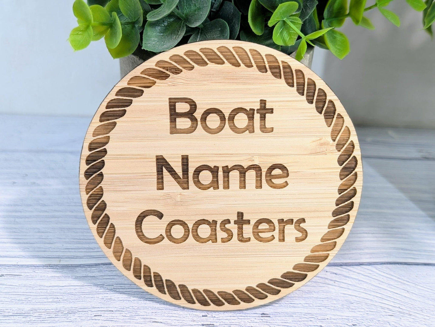 Custom Bamboo Coasters with Rope Border – Personalised Boat Name, Nautical Gift, Eco - Friendly Gift, Sustainable Craft, Round 100mm Diameter - CherryGroveCraft