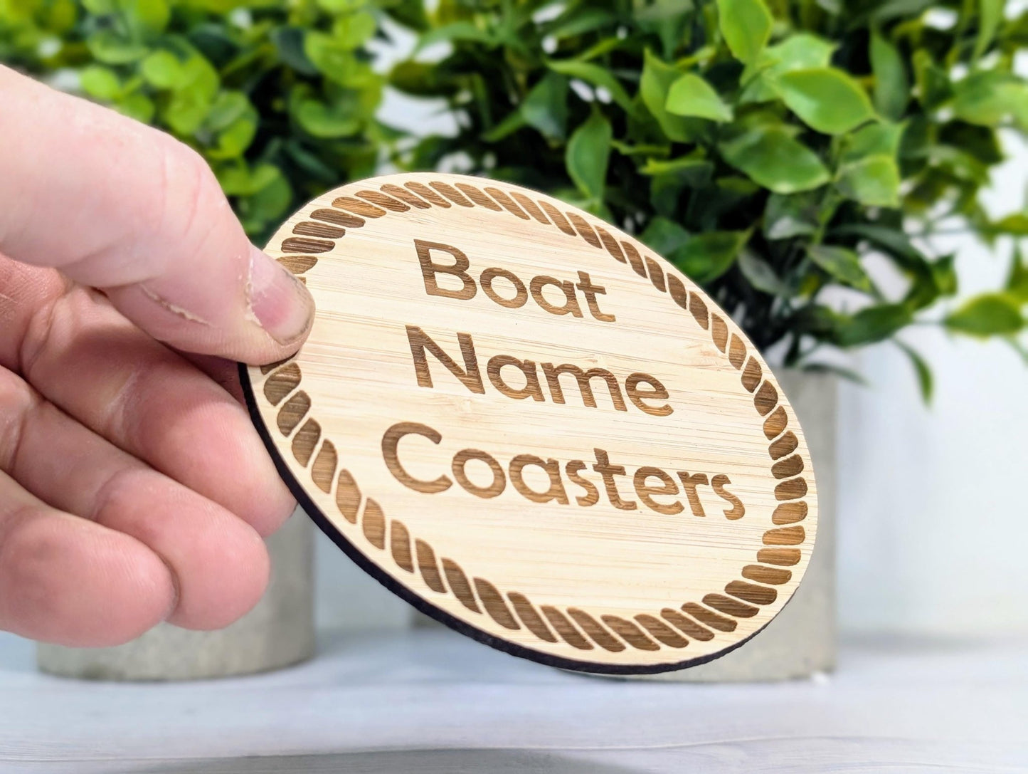 Custom Bamboo Coasters with Rope Border – Personalised Boat Name, Nautical Gift, Eco - Friendly Gift, Sustainable Craft, Round 100mm Diameter - CherryGroveCraft