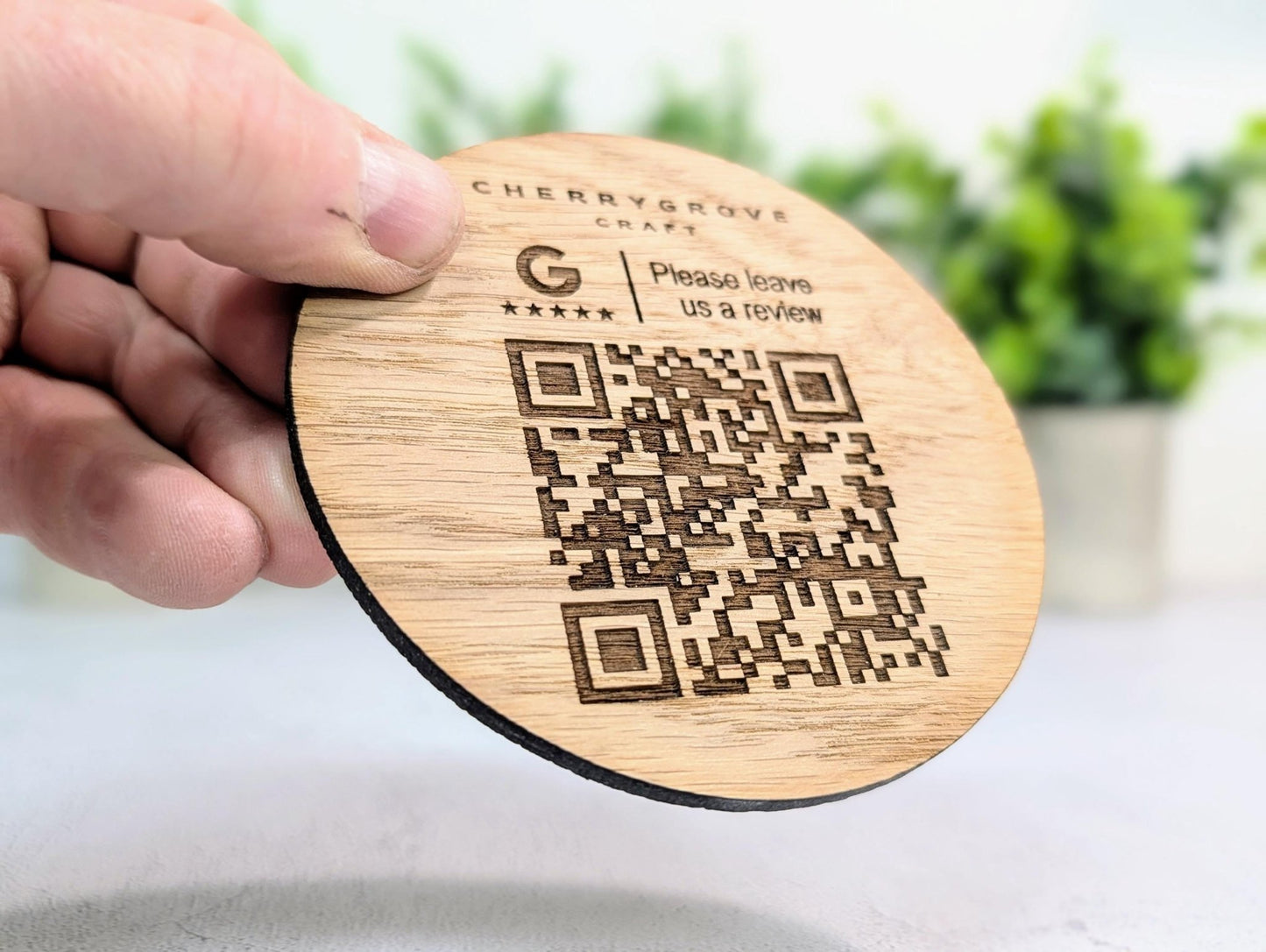 Custom Business Review Coaster with Logo & QR Code – Oak Veneer Engraved Coaster, Handmade in Wales | Google Review Branding - CherryGroveCraft