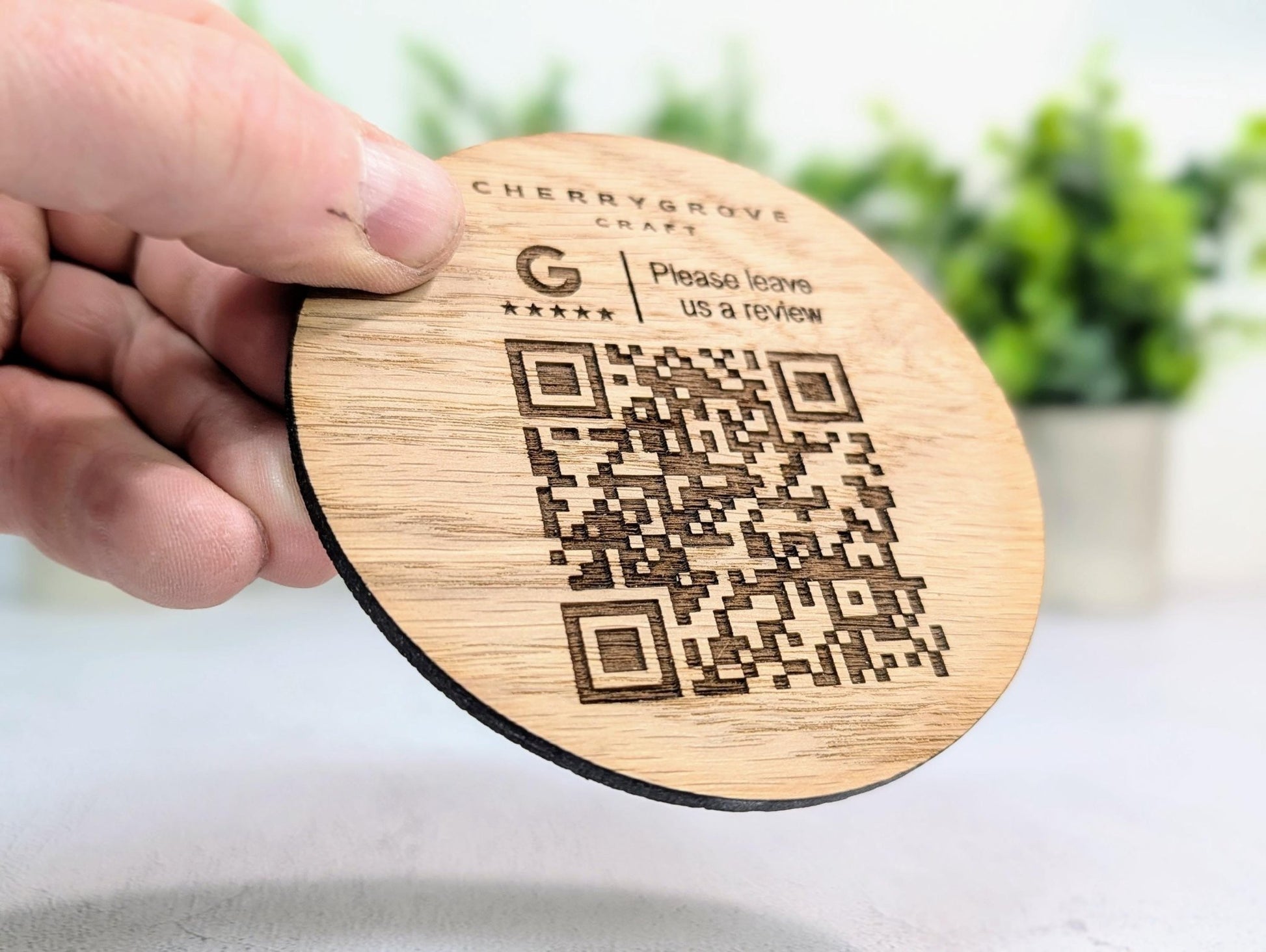 Custom Business Review Coaster with Logo & QR Code – Oak Veneer Engraved Coaster, Handmade in Wales | Google Review Branding - CherryGroveCraft