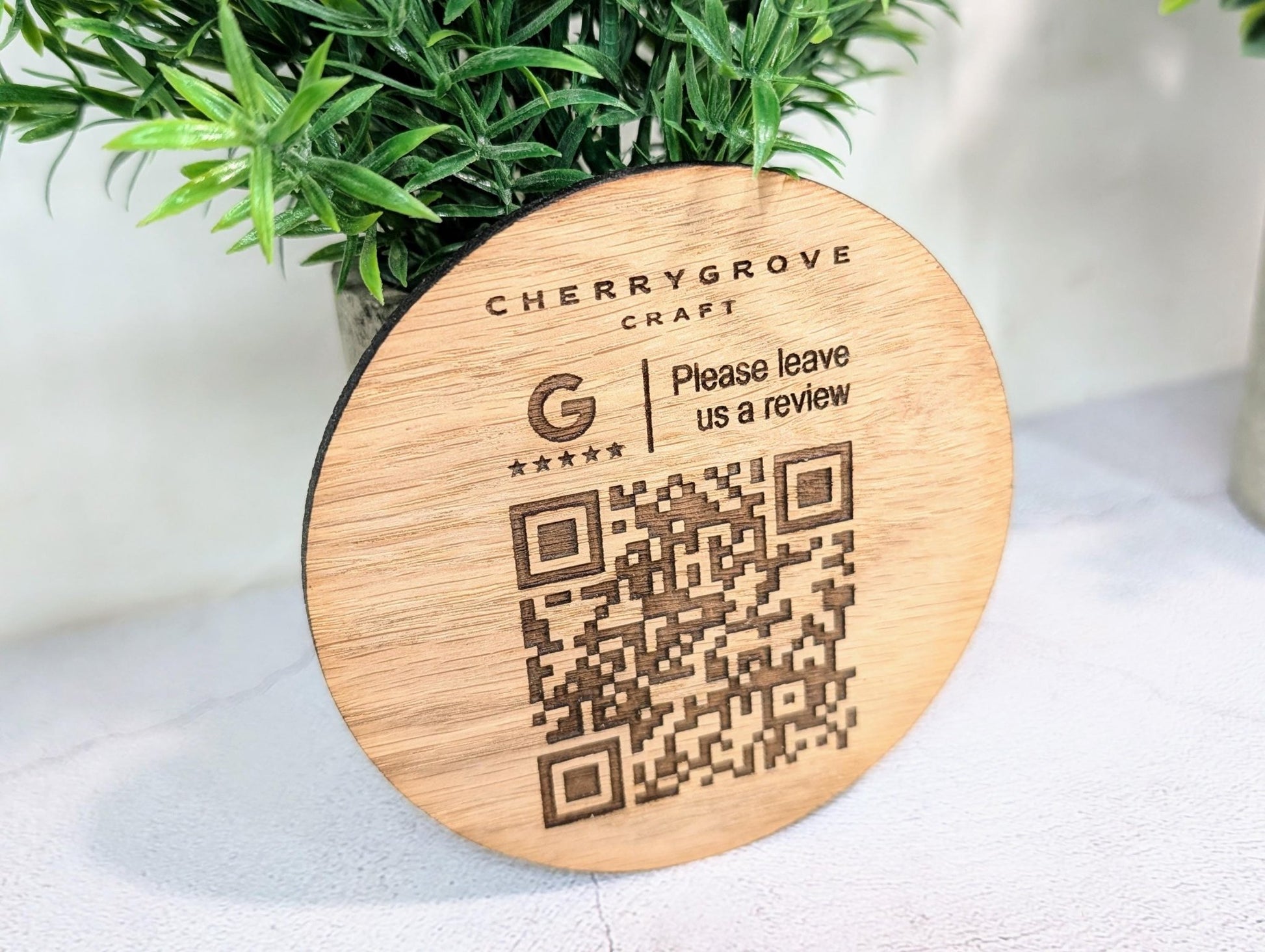 Custom Business Review Coaster with Logo & QR Code – Oak Veneer Engraved Coaster, Handmade in Wales | Google Review Branding - CherryGroveCraft