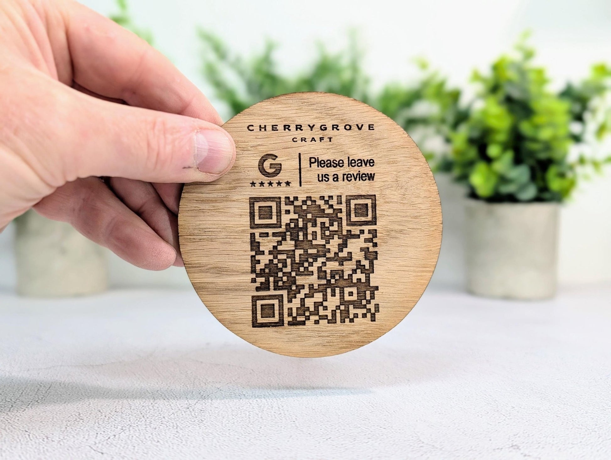 Custom Business Review Coaster with Logo & QR Code – Oak Veneer Engraved Coaster, Handmade in Wales | Google Review Branding - CherryGroveCraft