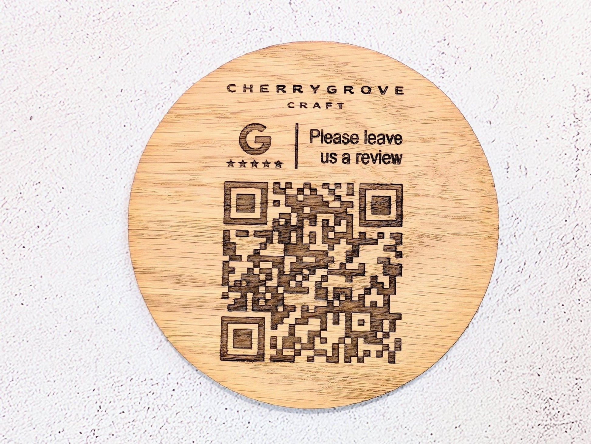 Custom Business Review Coaster with Logo & QR Code – Oak Veneer Engraved Coaster, Handmade in Wales | Google Review Branding - CherryGroveCraft