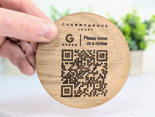 Custom Business Review Coaster with Logo & QR Code – Oak Veneer Engraved Coaster, Handmade in Wales | Google Review Branding - CherryGroveCraft