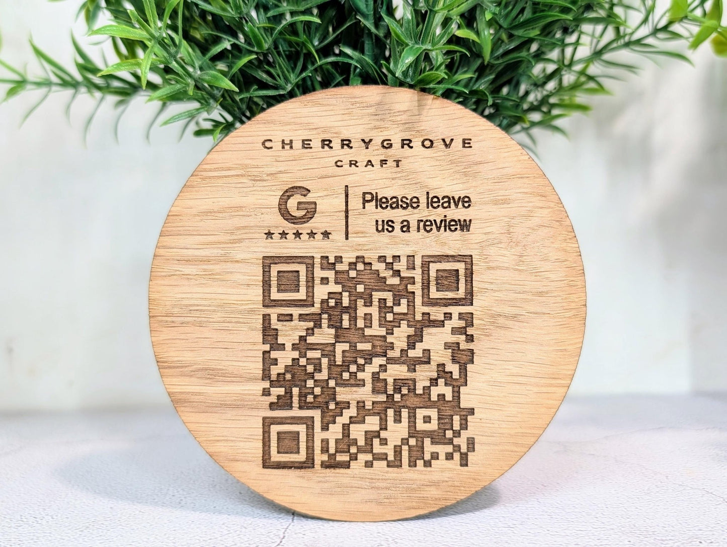 Custom Business Review Coaster with Logo & QR Code – Oak Veneer Engraved Coaster, Handmade in Wales | Google Review Branding - CherryGroveCraft