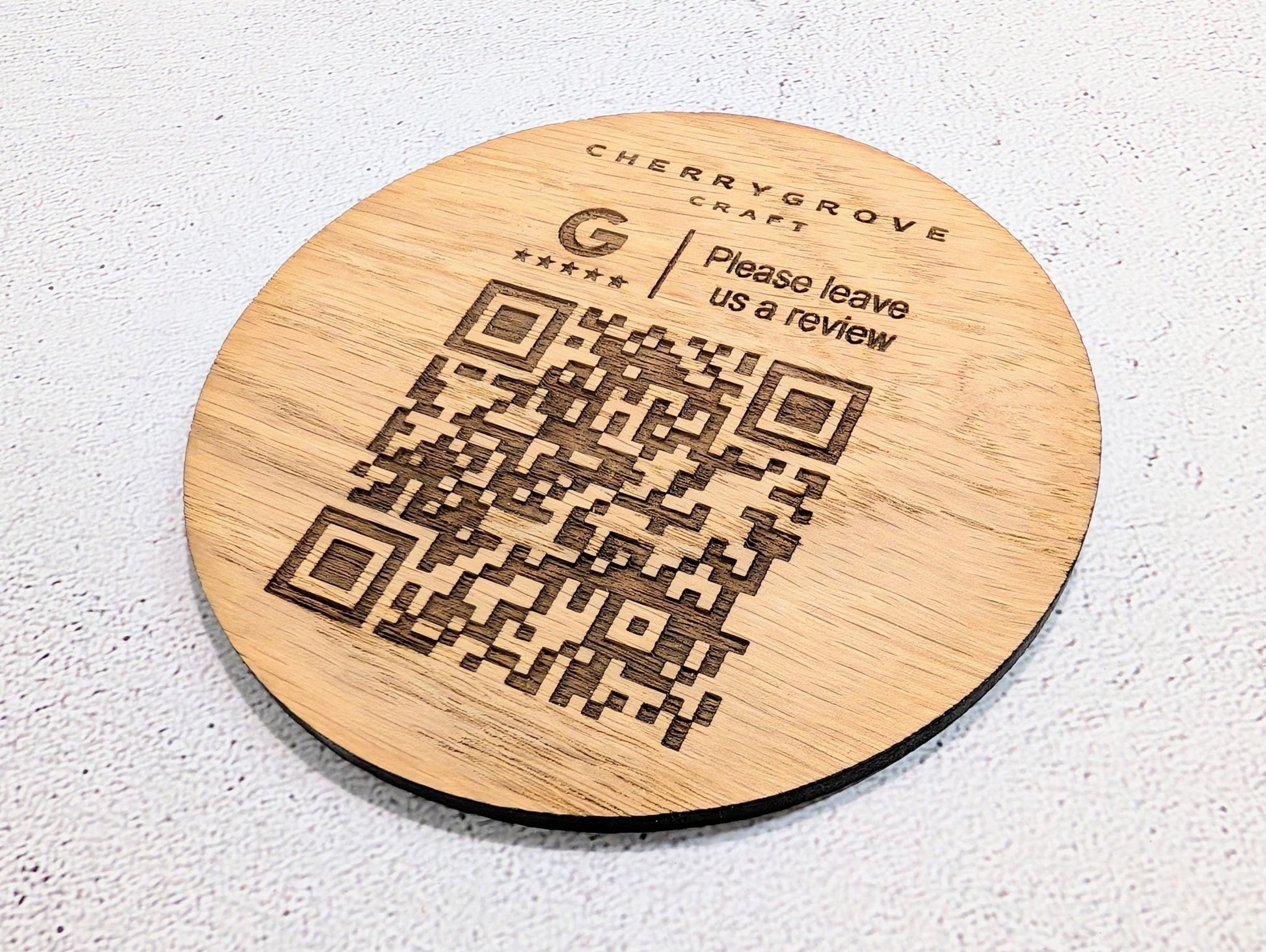 Custom Business Review Coaster with Logo & QR Code – Oak Veneer Engraved Coaster, Handmade in Wales | Google Review Branding - CherryGroveCraft