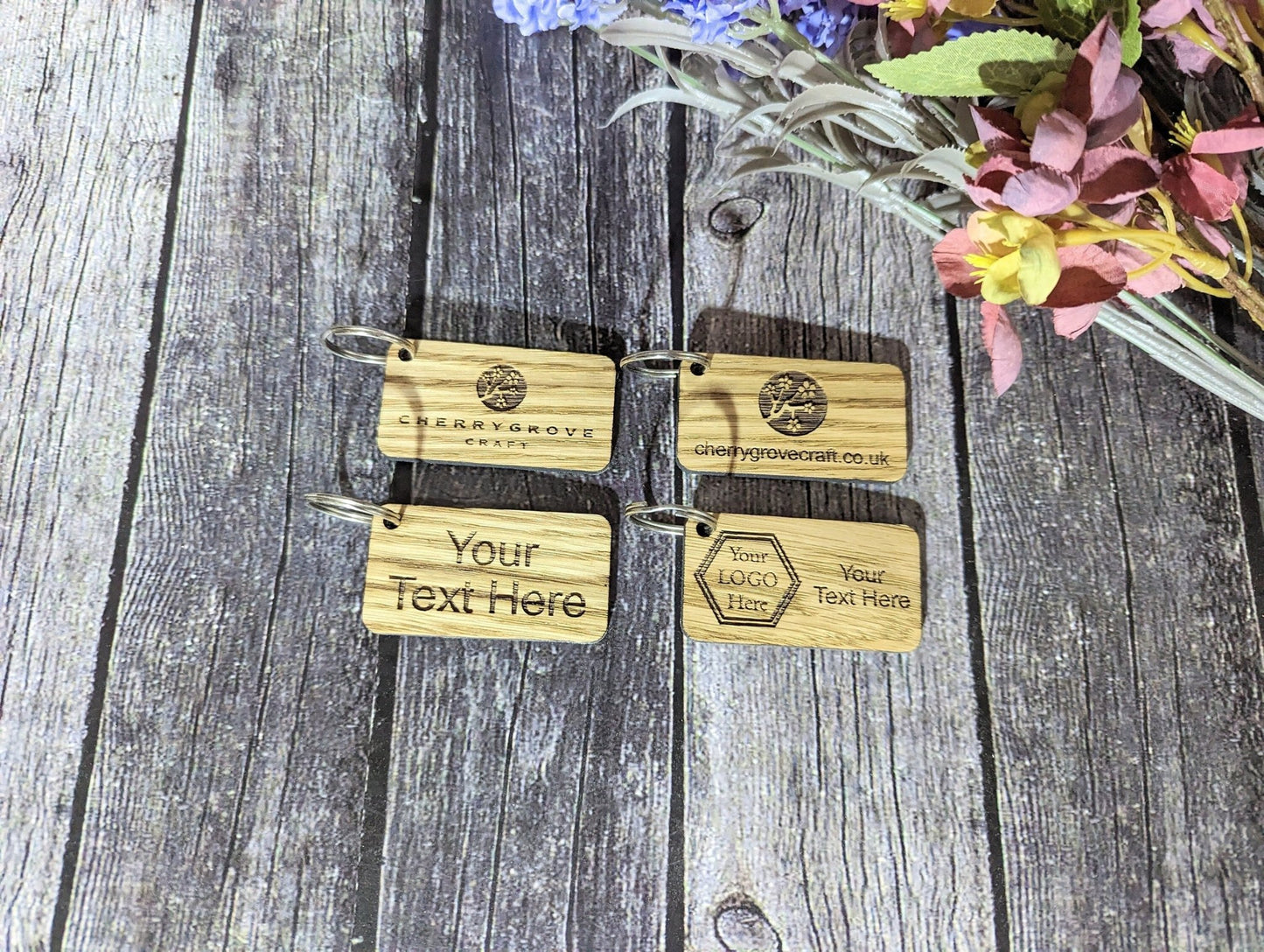 Double-sided 65x35mm oak keyring size reference — metal split ring