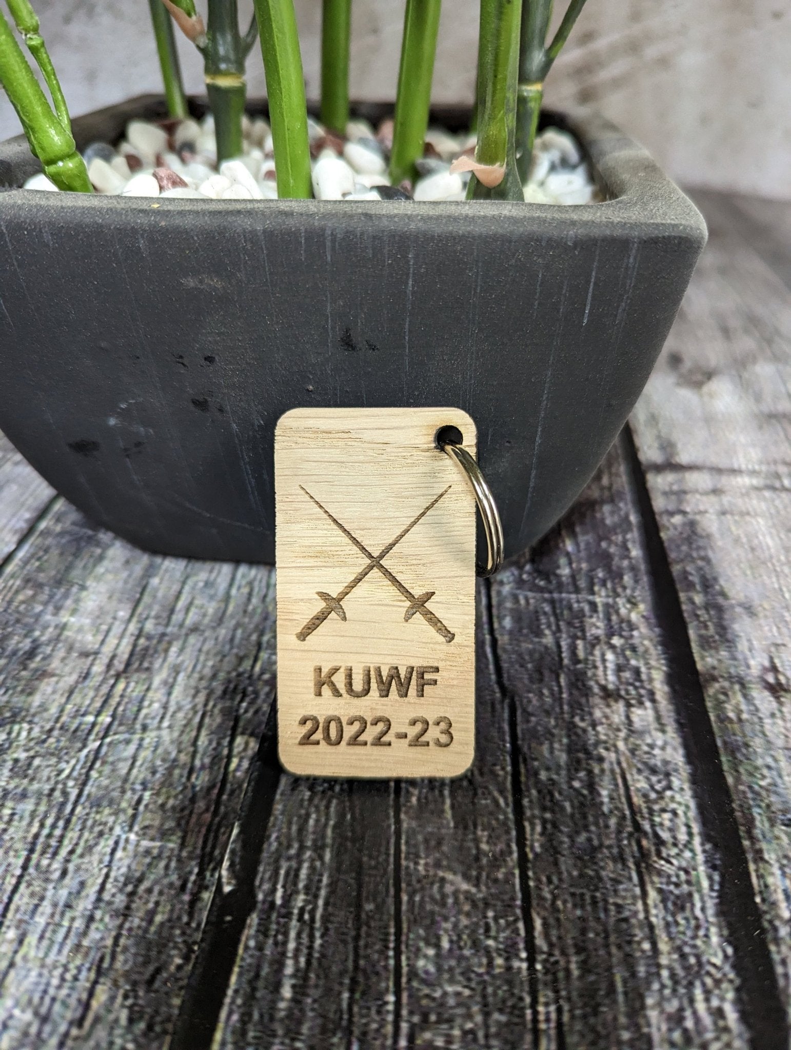65x35mm double-sided oak keyring on keys — personalised both sides