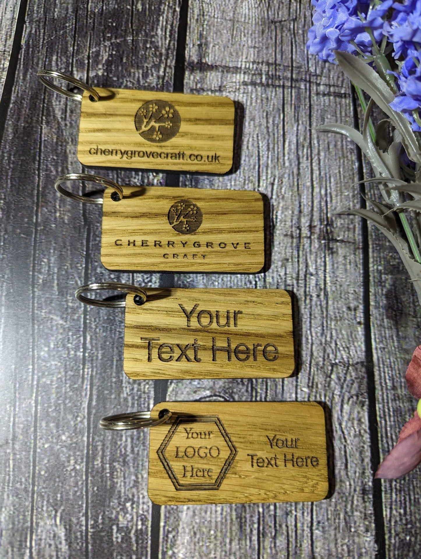 Double-sided 65x35mm oak keyrings — made in North Wales, bulk orders
