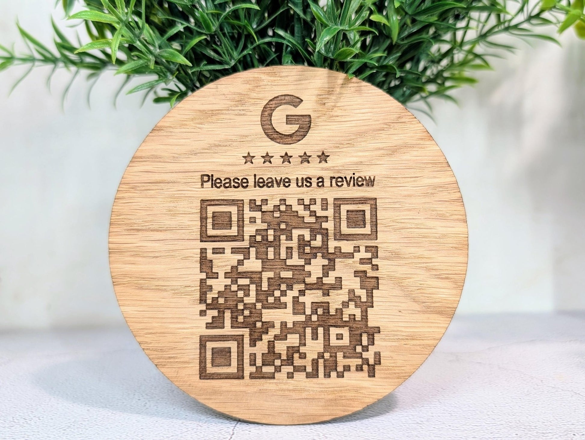 Custom Google Review Coaster – Personalised QR Code Oak Veneer Drink Coaster, Handmade in Wales | Business Branding Gift - CherryGroveCraft