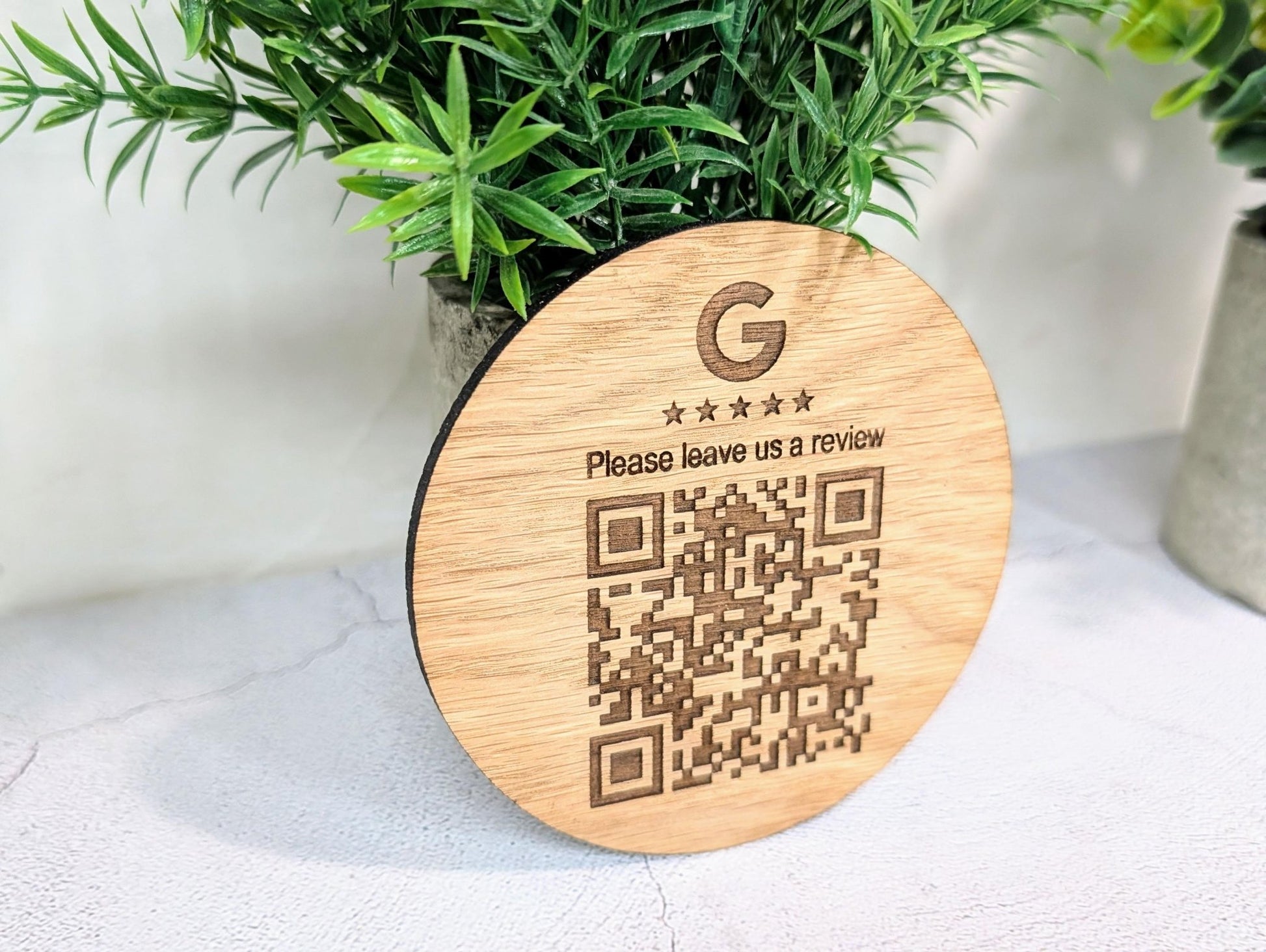 Custom Google Review Coaster – Personalised QR Code Oak Veneer Drink Coaster, Handmade in Wales | Business Branding Gift - CherryGroveCraft