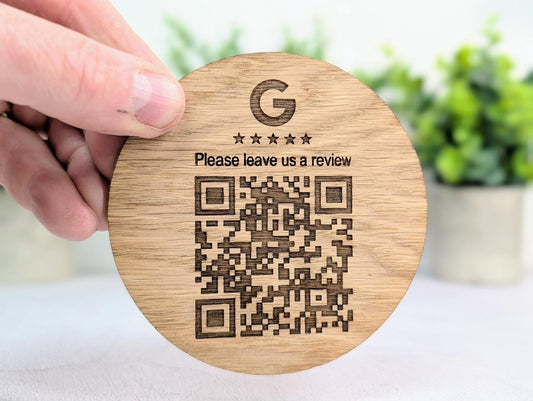 Custom Google Review Coaster – Personalised QR Code Oak Veneer Drink Coaster, Handmade in Wales | Business Branding Gift - CherryGroveCraft