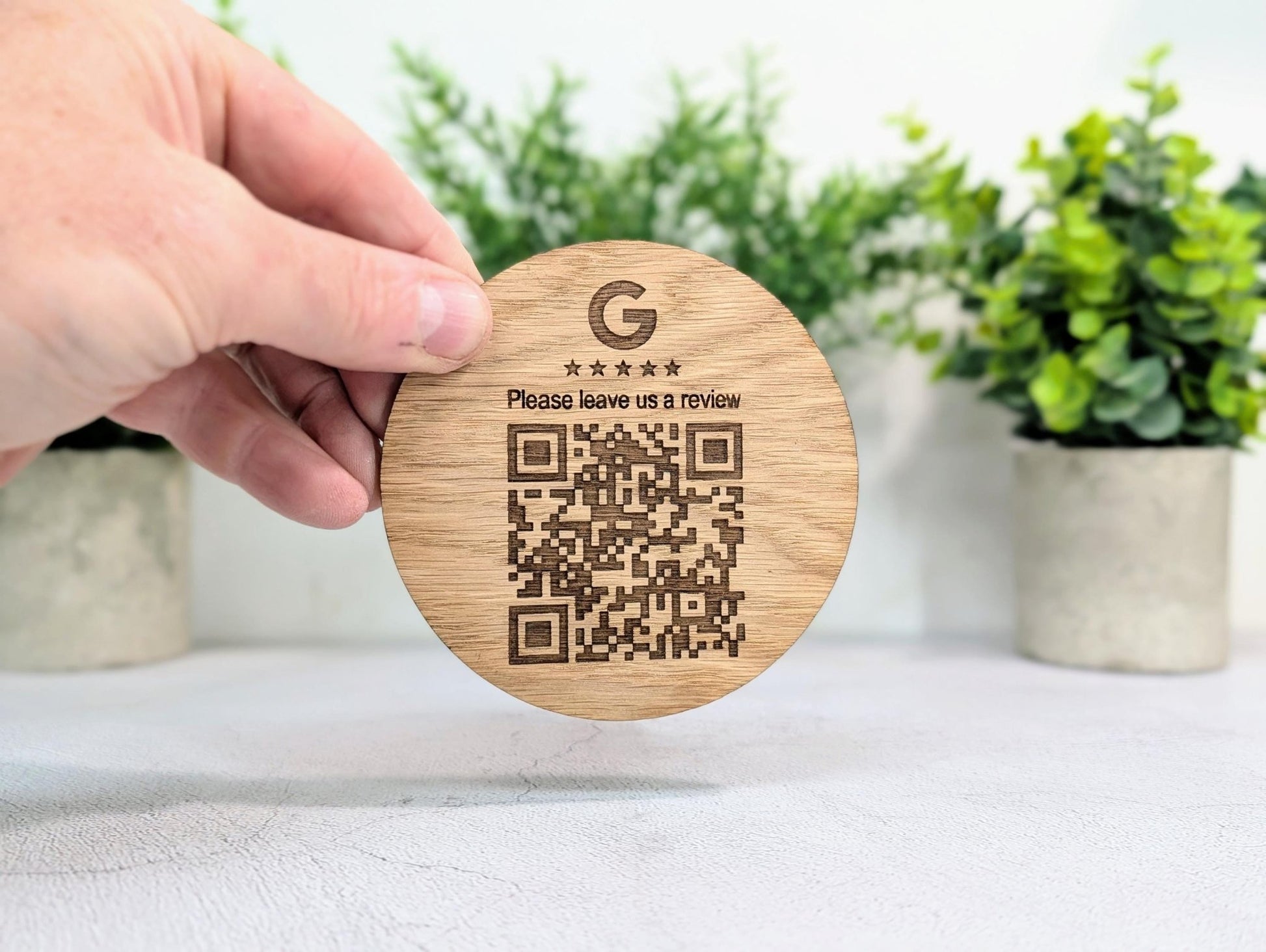 Custom Google Review Coaster – Personalised QR Code Oak Veneer Drink Coaster, Handmade in Wales | Business Branding Gift - CherryGroveCraft