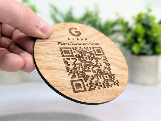 Custom Google Review Coaster – Personalised QR Code Oak Veneer Drink Coaster, Handmade in Wales | Business Branding Gift - CherryGroveCraft
