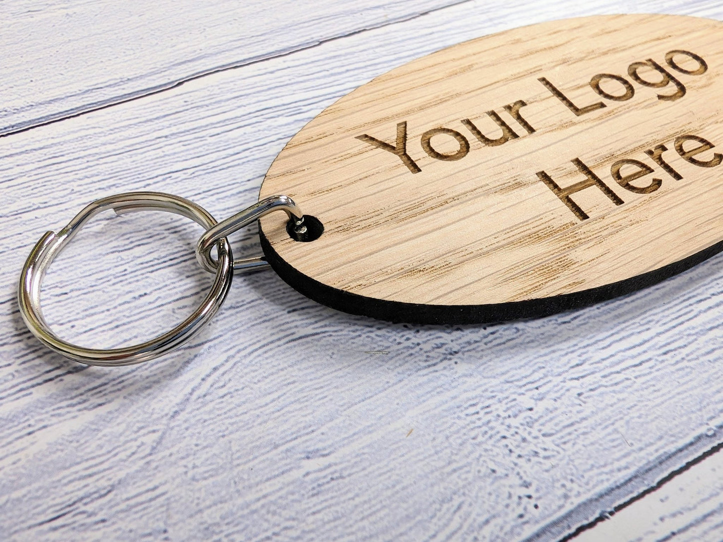 Custom Logo Double Sided Wooden Keyrings for Businesses, Charities & Clubs - Eco - Friendly Oak, Personalised, 100mm x 50mm Oval - CherryGroveCraft