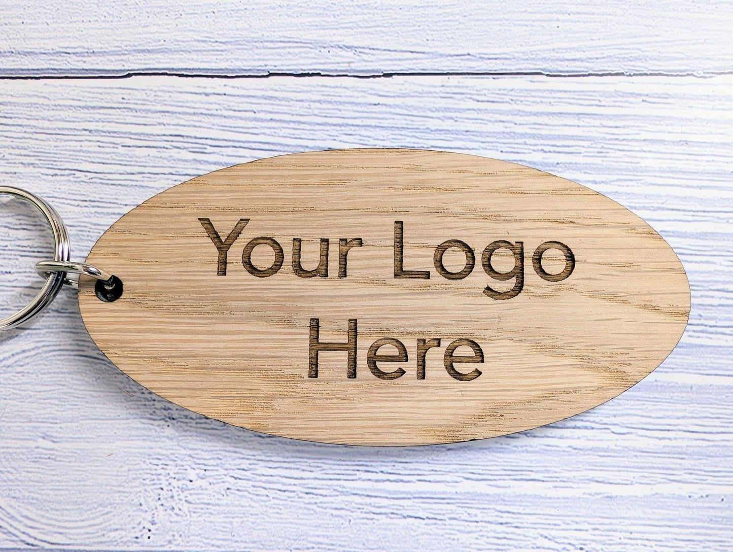 Custom Logo Double Sided Wooden Keyrings for Businesses, Charities & Clubs - Eco - Friendly Oak, Personalised, 100mm x 50mm Oval - CherryGroveCraft