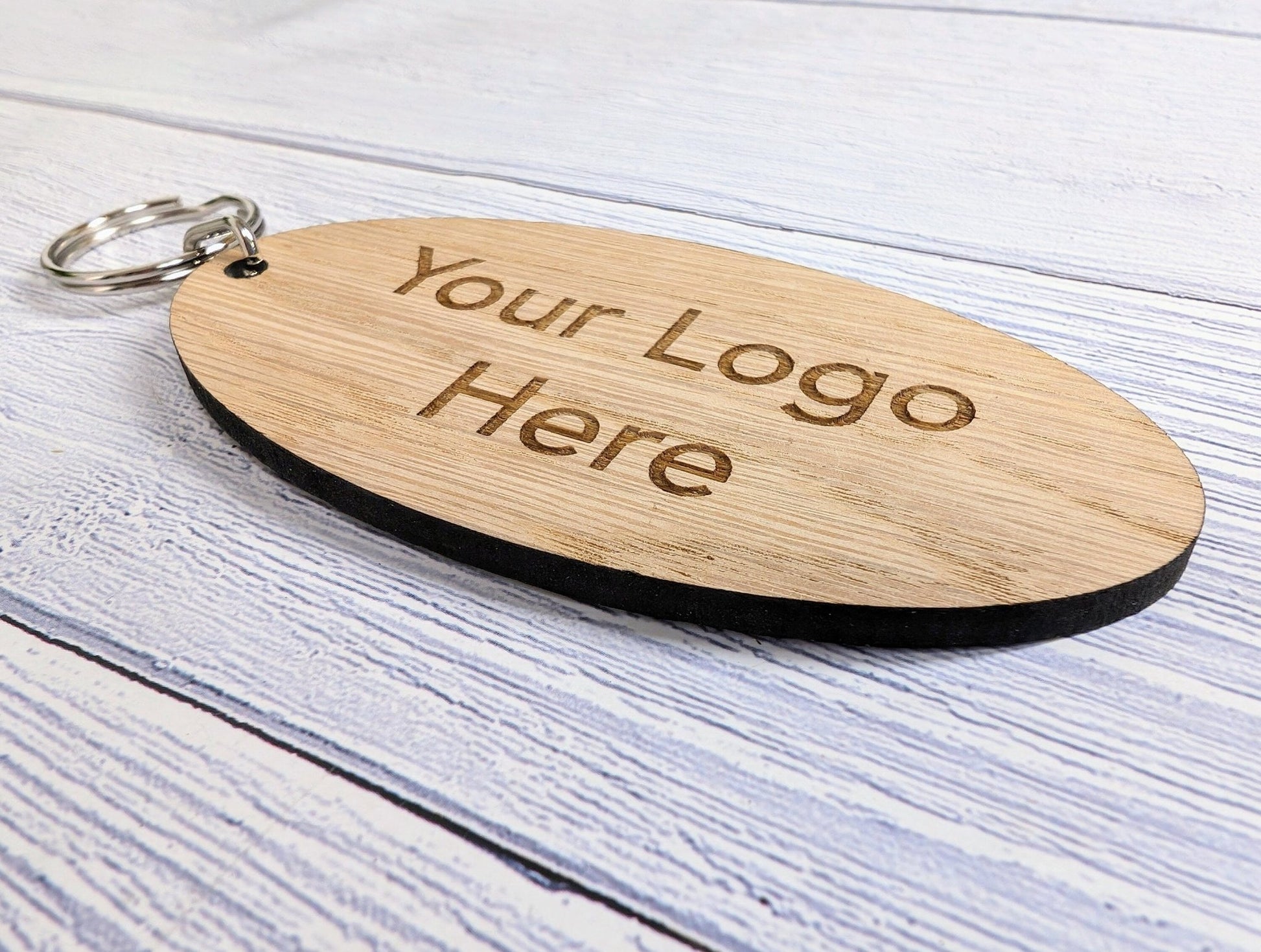 Custom Logo Double Sided Wooden Keyrings for Businesses, Charities & Clubs - Eco - Friendly Oak, Personalised, 100mm x 50mm Oval - CherryGroveCraft