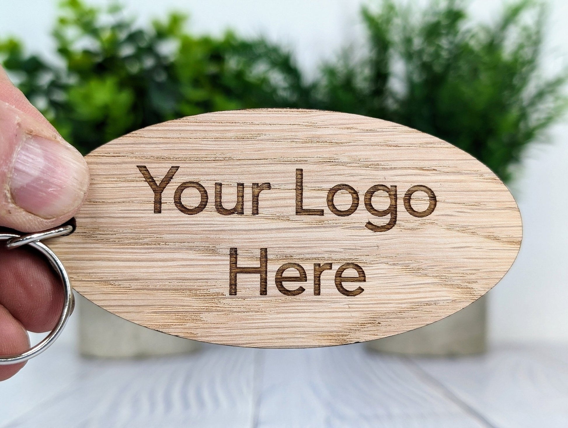 Custom Logo Double Sided Wooden Keyrings for Businesses, Charities & Clubs - Eco - Friendly Oak, Personalised, 100mm x 50mm Oval - CherryGroveCraft