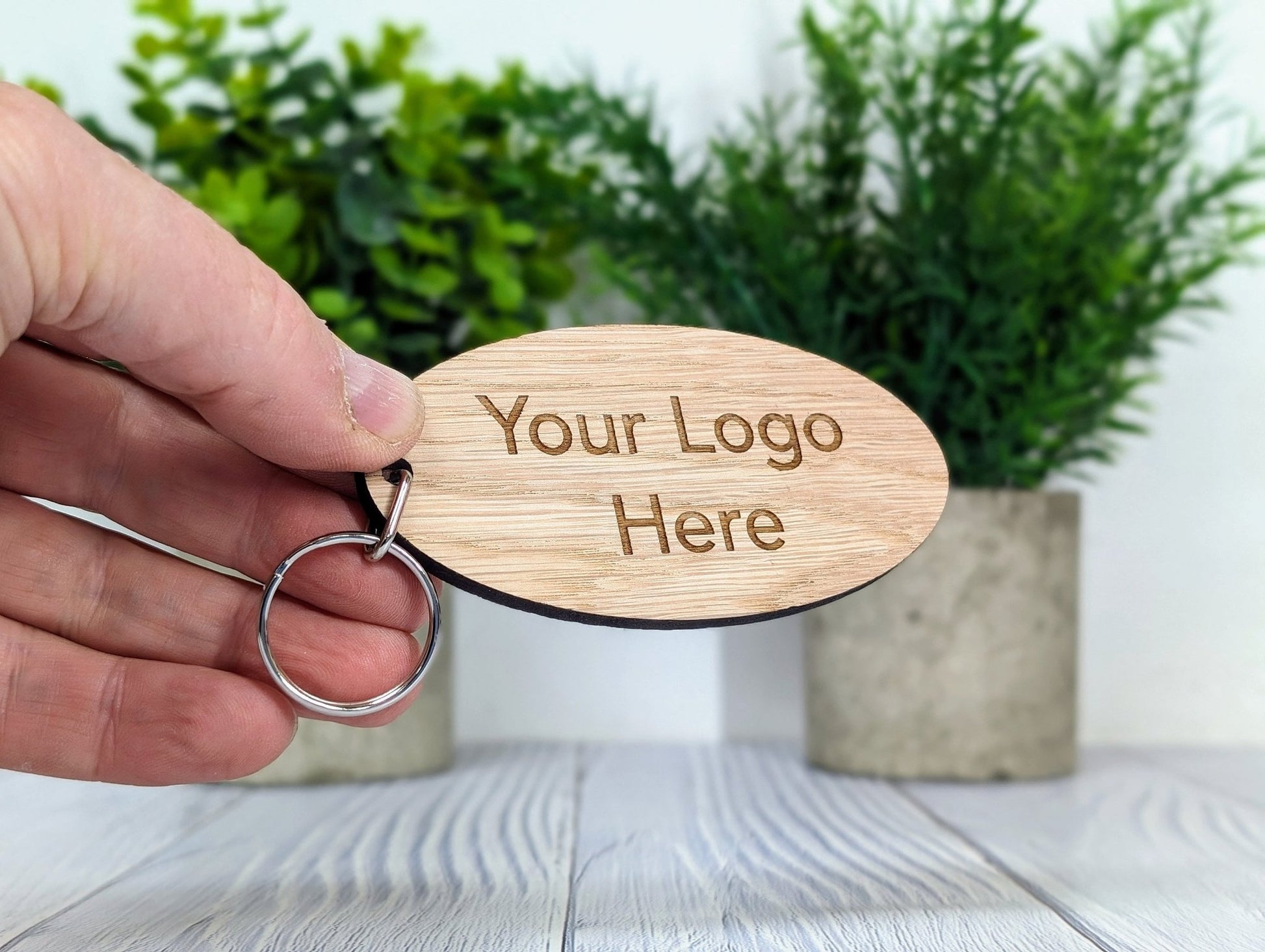 Custom Logo Double Sided Wooden Keyrings for Businesses, Charities & Clubs - Eco - Friendly Oak, Personalised, 100mm x 50mm Oval - CherryGroveCraft