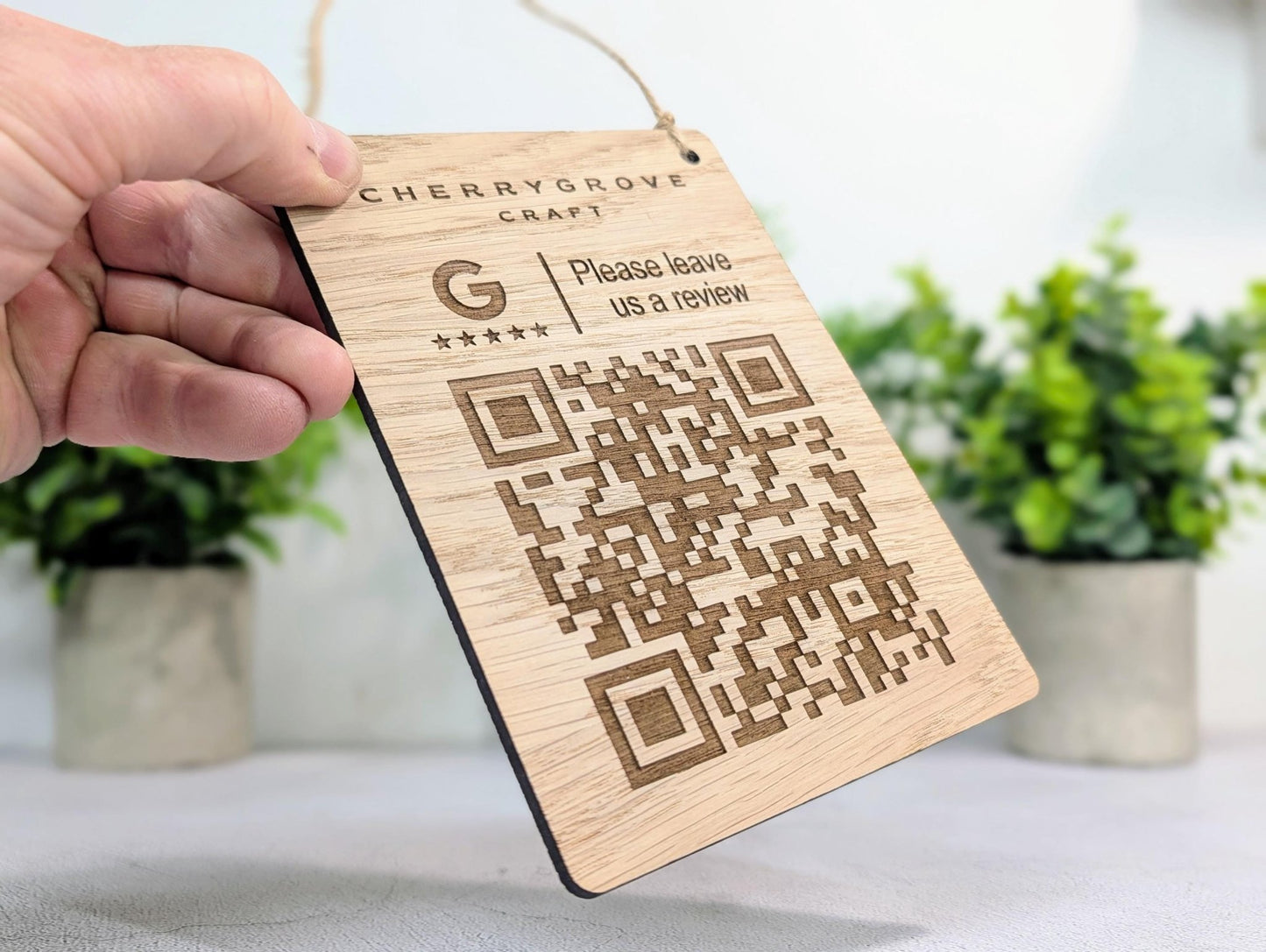 Custom Logo Google Review Sign – Oak Veneered Hanging QR Code Sign for Businesses, Handmade in Wales, Plastic - Free Packaging - CherryGroveCraft