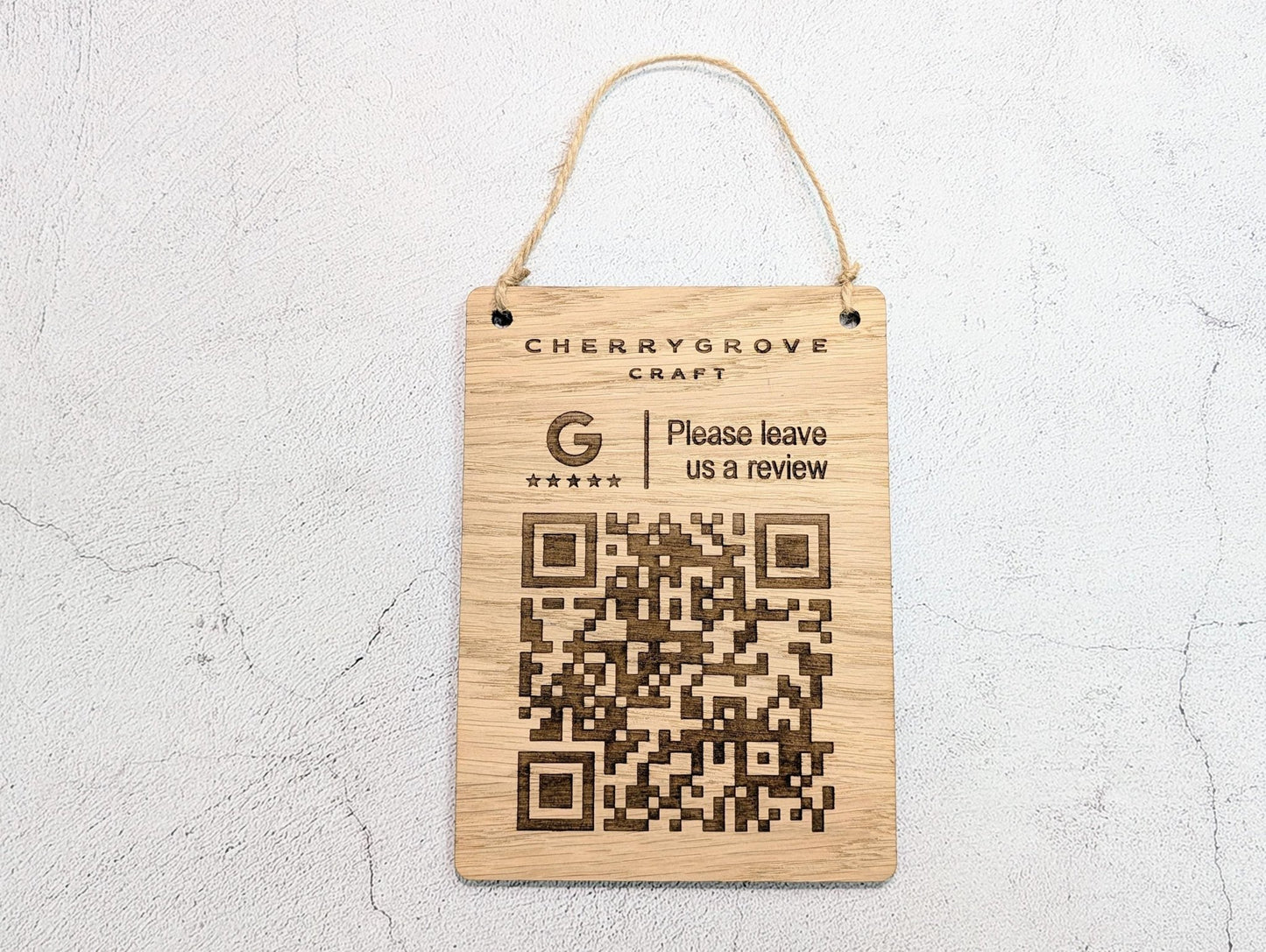 Custom Logo Google Review Sign – Oak Veneered Hanging QR Code Sign for Businesses, Handmade in Wales, Plastic - Free Packaging - CherryGroveCraft