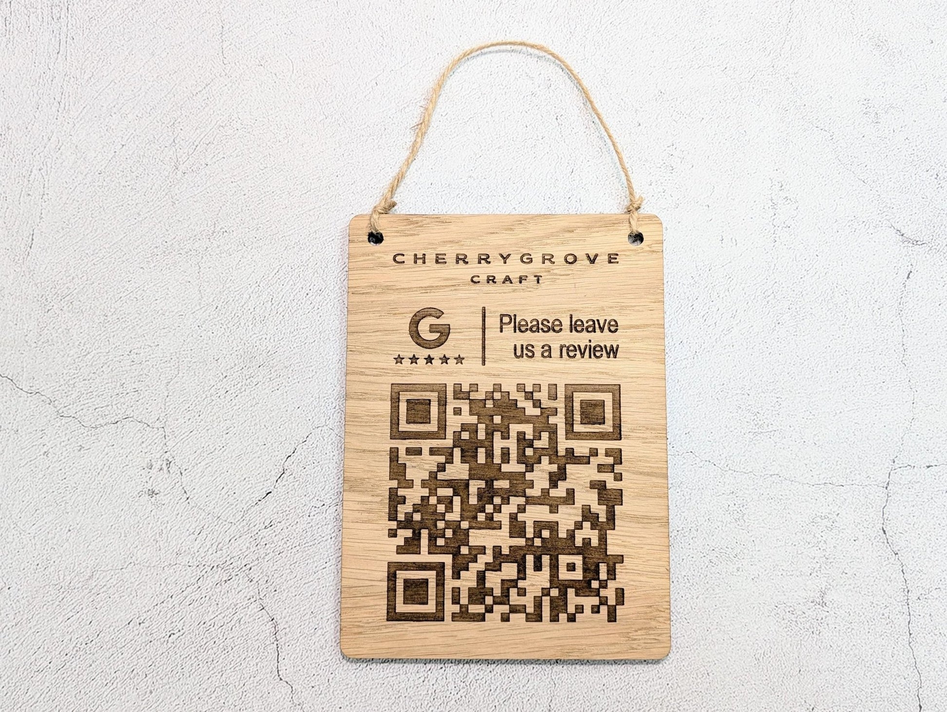 Custom Logo Google Review Sign – Oak Veneered Hanging QR Code Sign for Businesses, Handmade in Wales, Plastic - Free Packaging - CherryGroveCraft