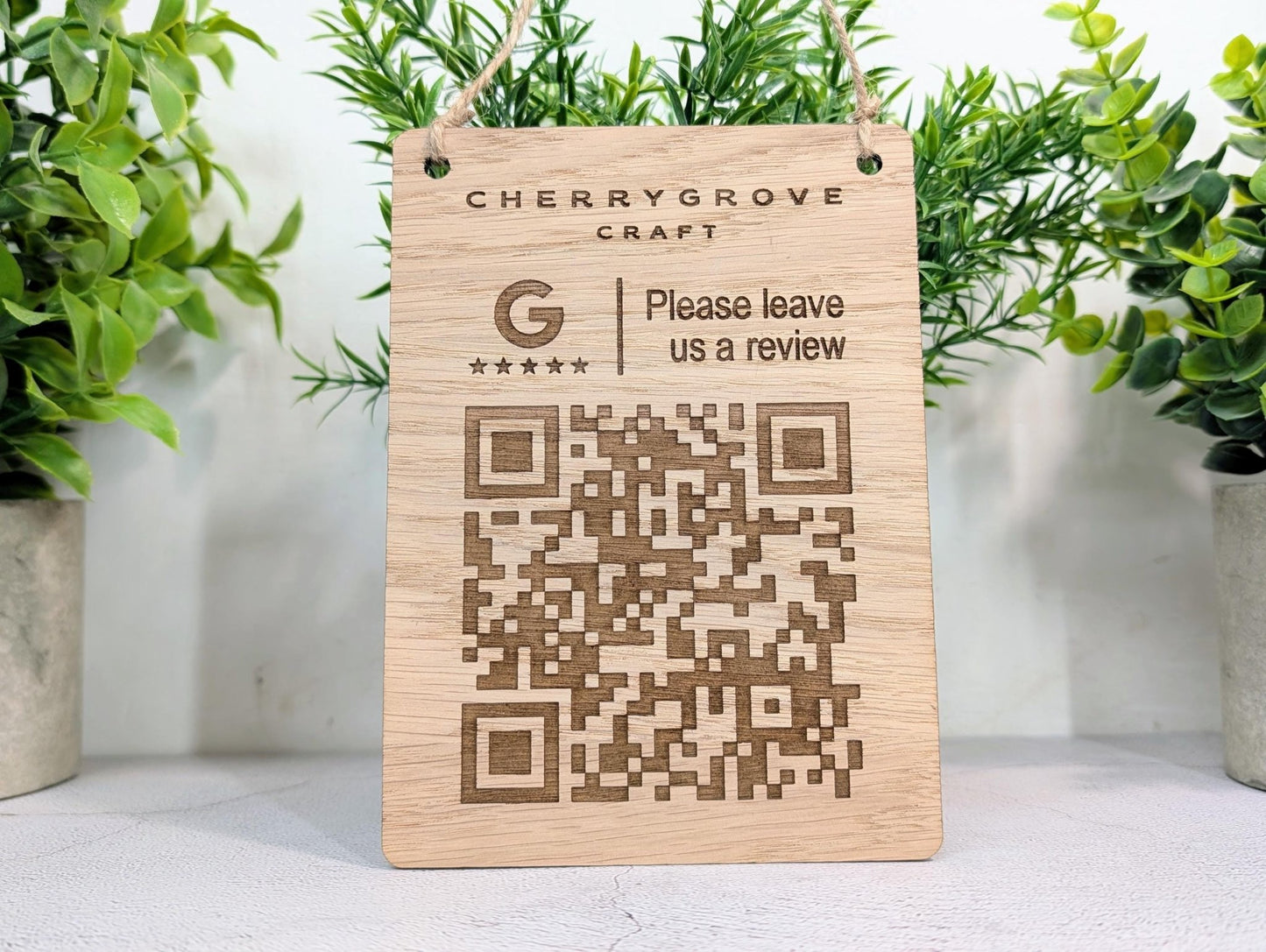 Custom Logo Google Review Sign – Oak Veneered Hanging QR Code Sign for Businesses, Handmade in Wales, Plastic - Free Packaging - CherryGroveCraft