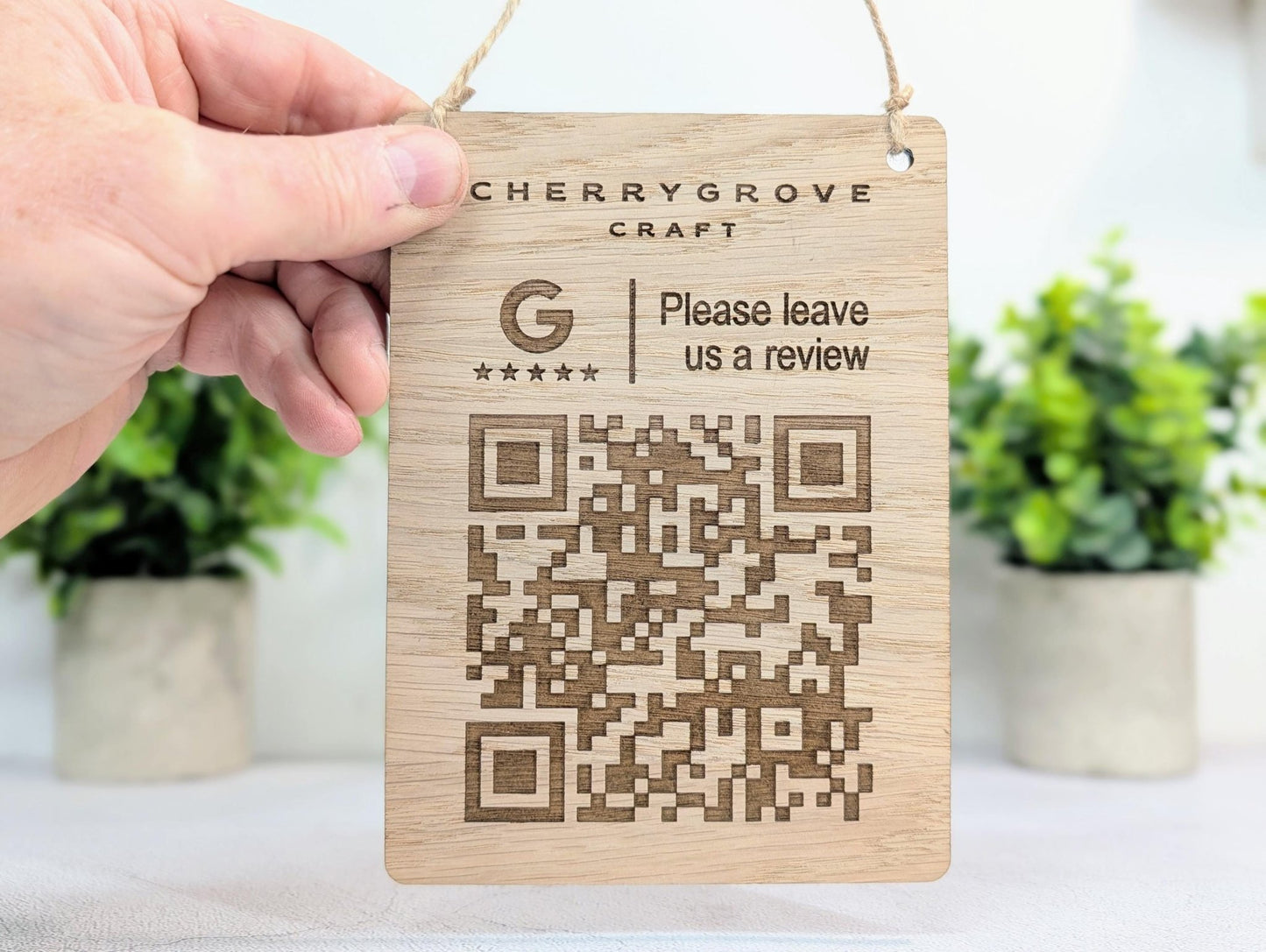 Custom Logo Google Review Sign – Oak Veneered Hanging QR Code Sign for Businesses, Handmade in Wales, Plastic - Free Packaging - CherryGroveCraft