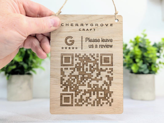 Custom Logo Google Review Sign – Oak Veneered Hanging QR Code Sign for Businesses, Handmade in Wales, Plastic - Free Packaging - CherryGroveCraft