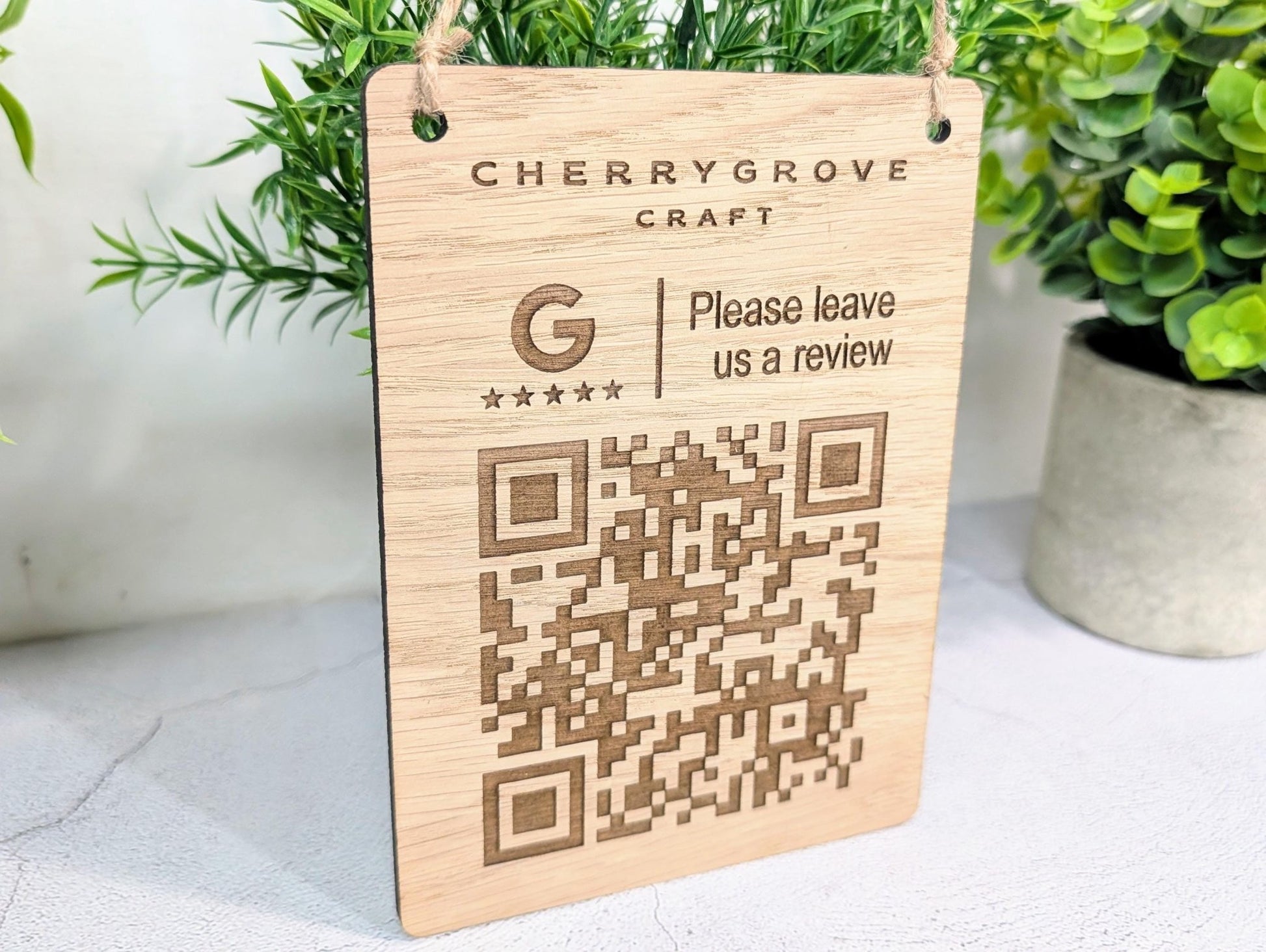 Custom Logo Google Review Sign – Oak Veneered Hanging QR Code Sign for Businesses, Handmade in Wales, Plastic - Free Packaging - CherryGroveCraft