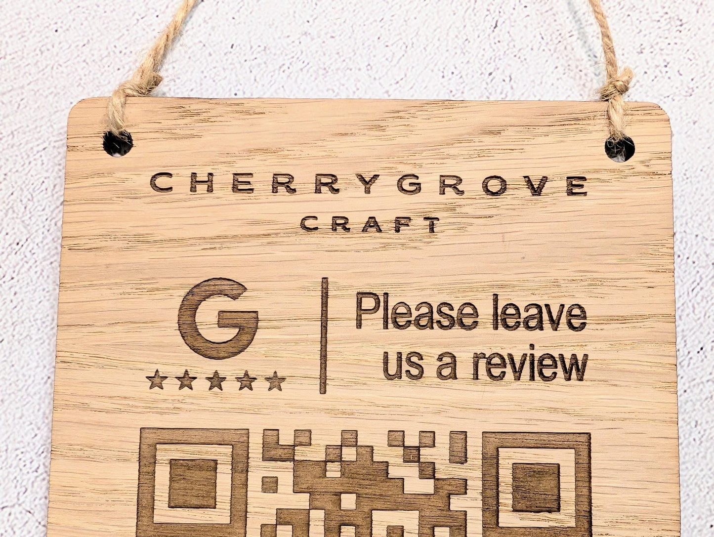 Custom Logo Google Review Sign – Oak Veneered Hanging QR Code Sign for Businesses, Handmade in Wales, Plastic - Free Packaging - CherryGroveCraft