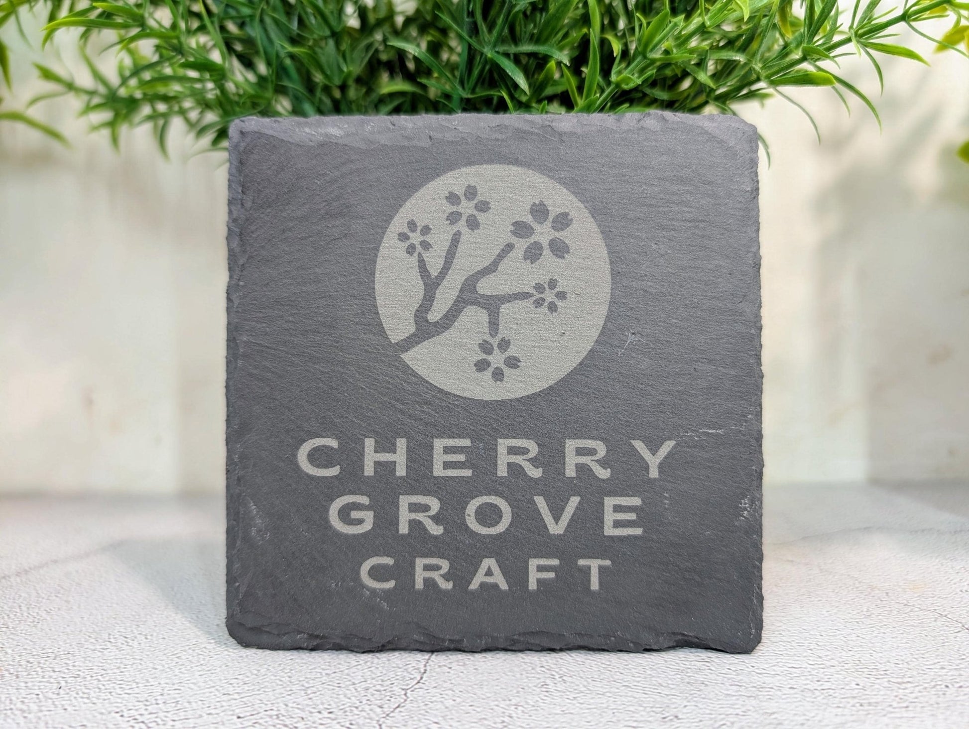 Custom Logo Slate Coaster – Branded Business Coaster, Engraved Drink Mat for Shops, Salons, Cafés, Pubs, Restaurants, Handmade in Wales - CherryGroveCraft