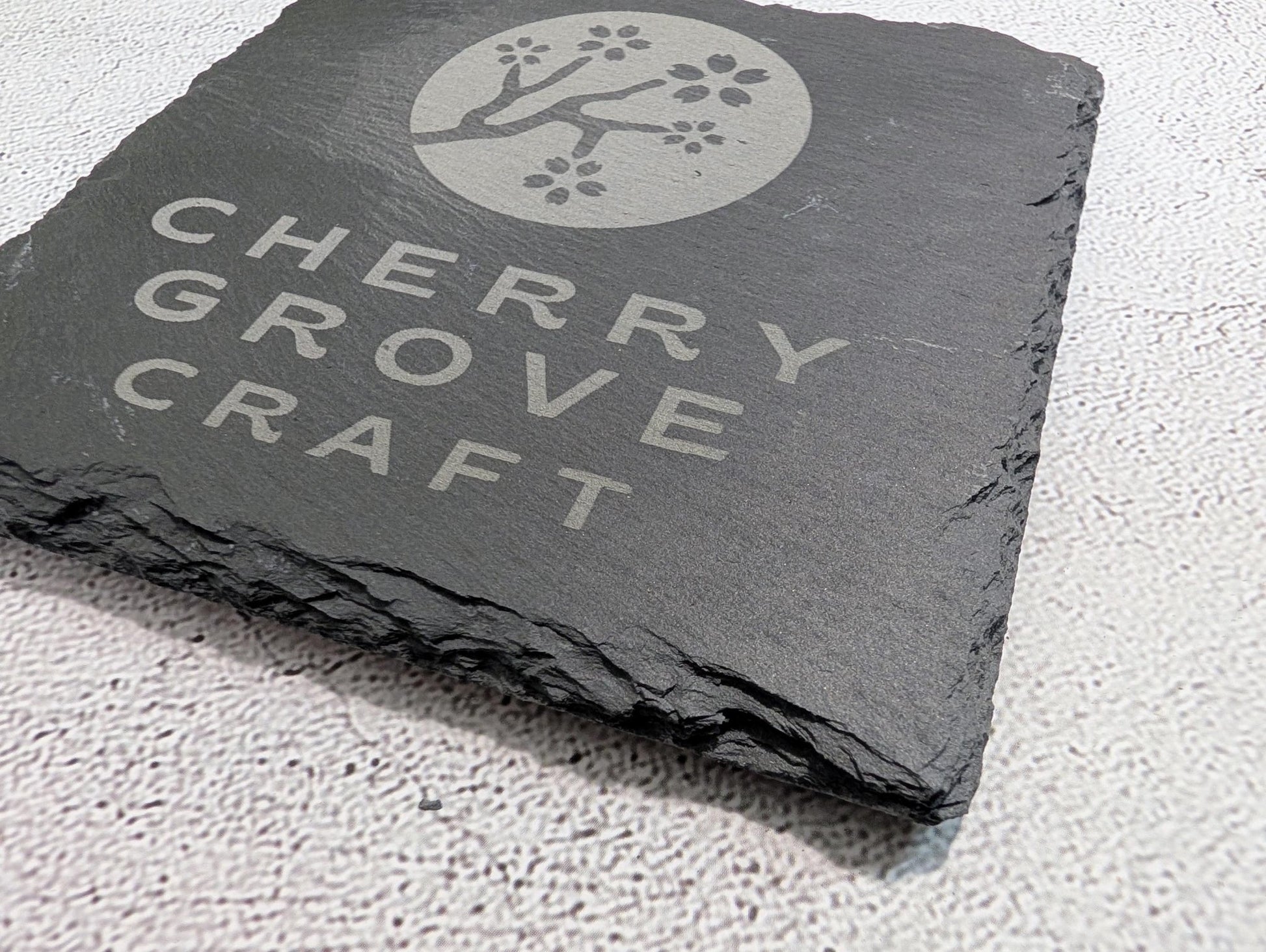Custom Logo Slate Coaster – Branded Business Coaster, Engraved Drink Mat for Shops, Salons, Cafés, Pubs, Restaurants, Handmade in Wales - CherryGroveCraft
