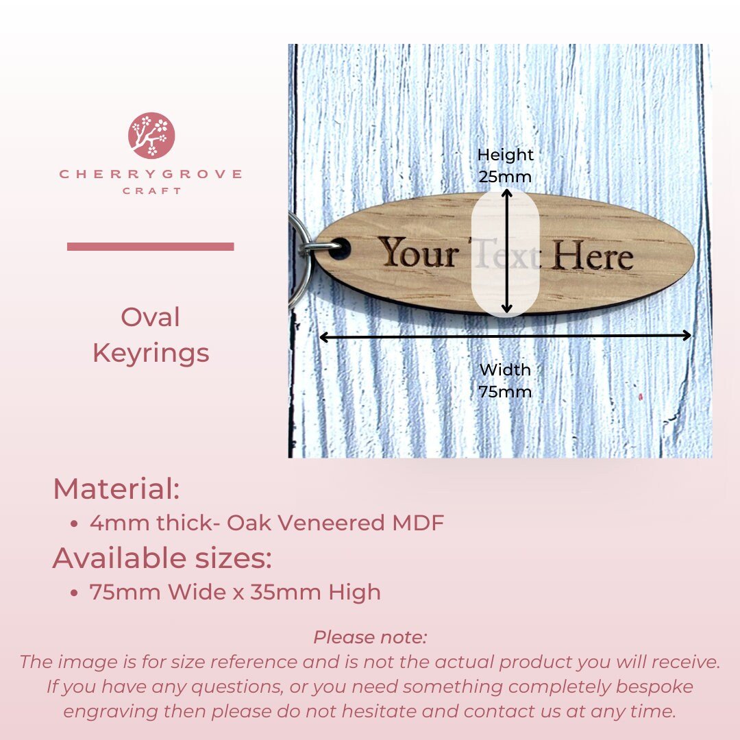 Custom logo large oval oak keyrings — 100x50mm, made in North Wales