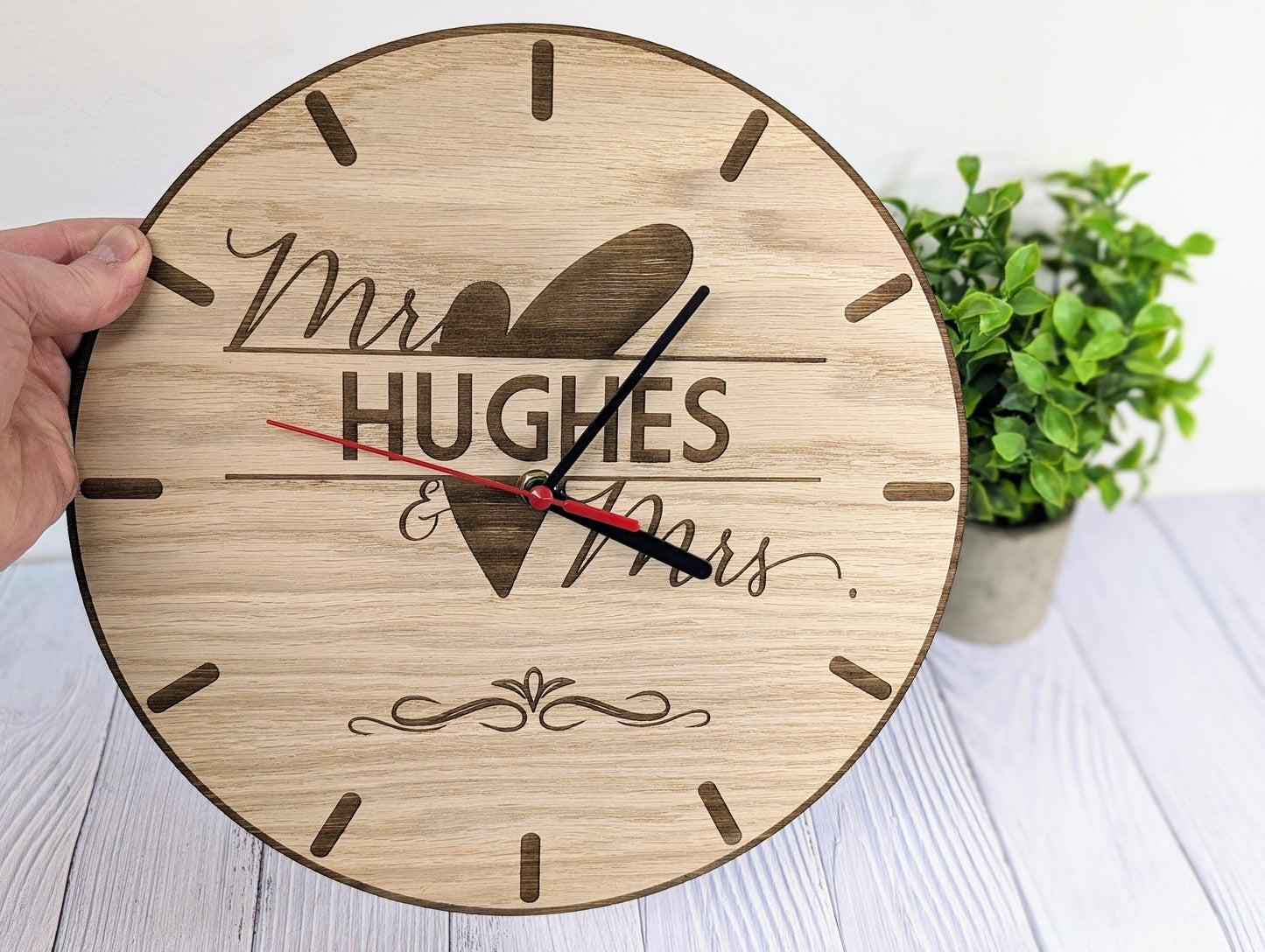 Custom 'Mr & Mrs' Oak Veneer Clock – Bespoke Wedding / Anniversary Gift - CherryGroveCraft