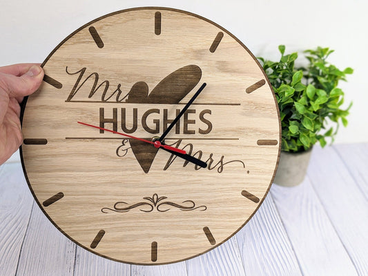 Custom 'Mr & Mrs' Oak Veneer Clock – Bespoke Wedding / Anniversary Gift - CherryGroveCraft