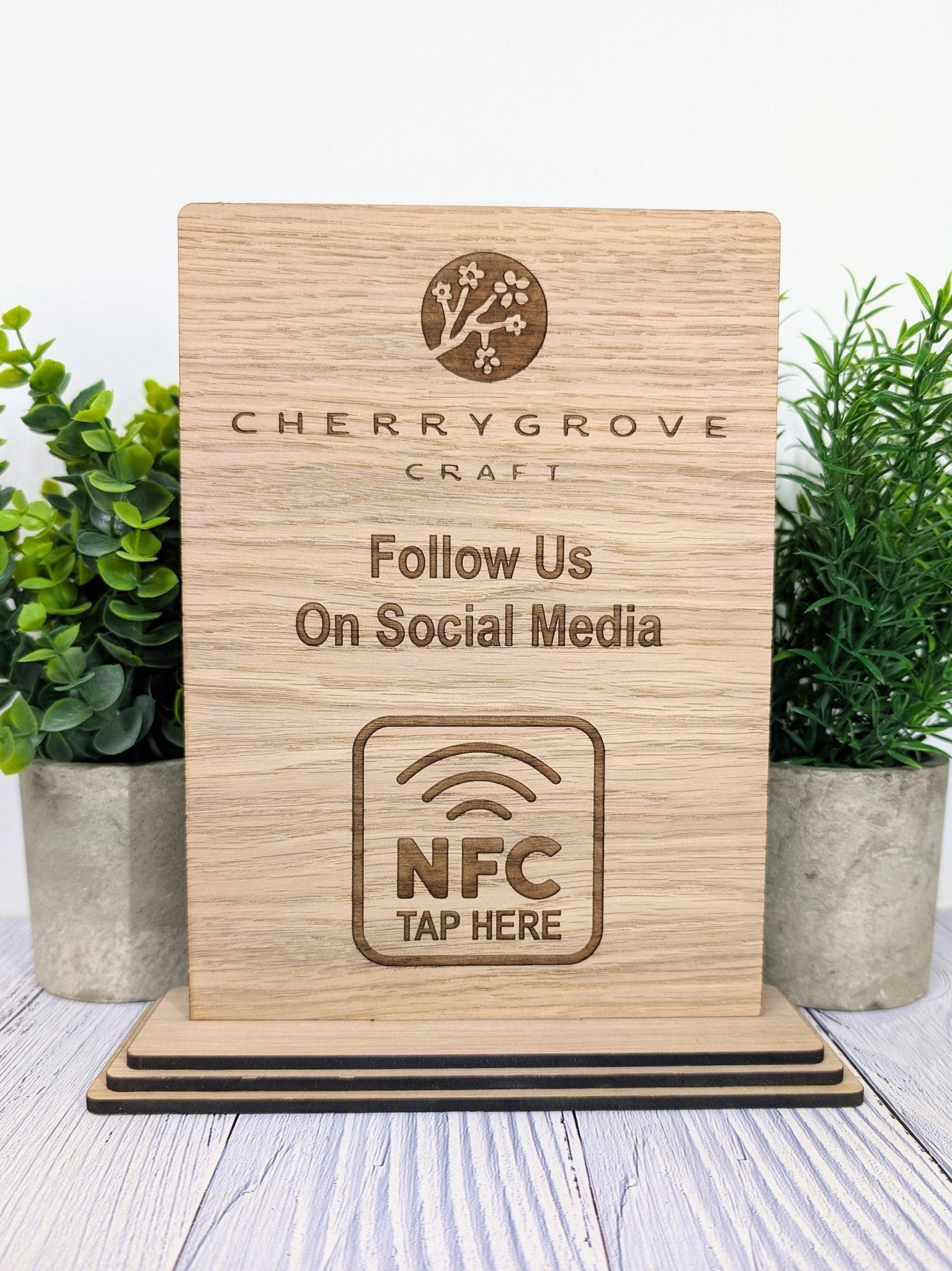 Custom NFC 'Tap to Follow Us' Wooden Sign - Personalised Social Media Links, Eco - Friendly, Freestanding, XL Size, Table Signage Extra Large - CherryGroveCraft