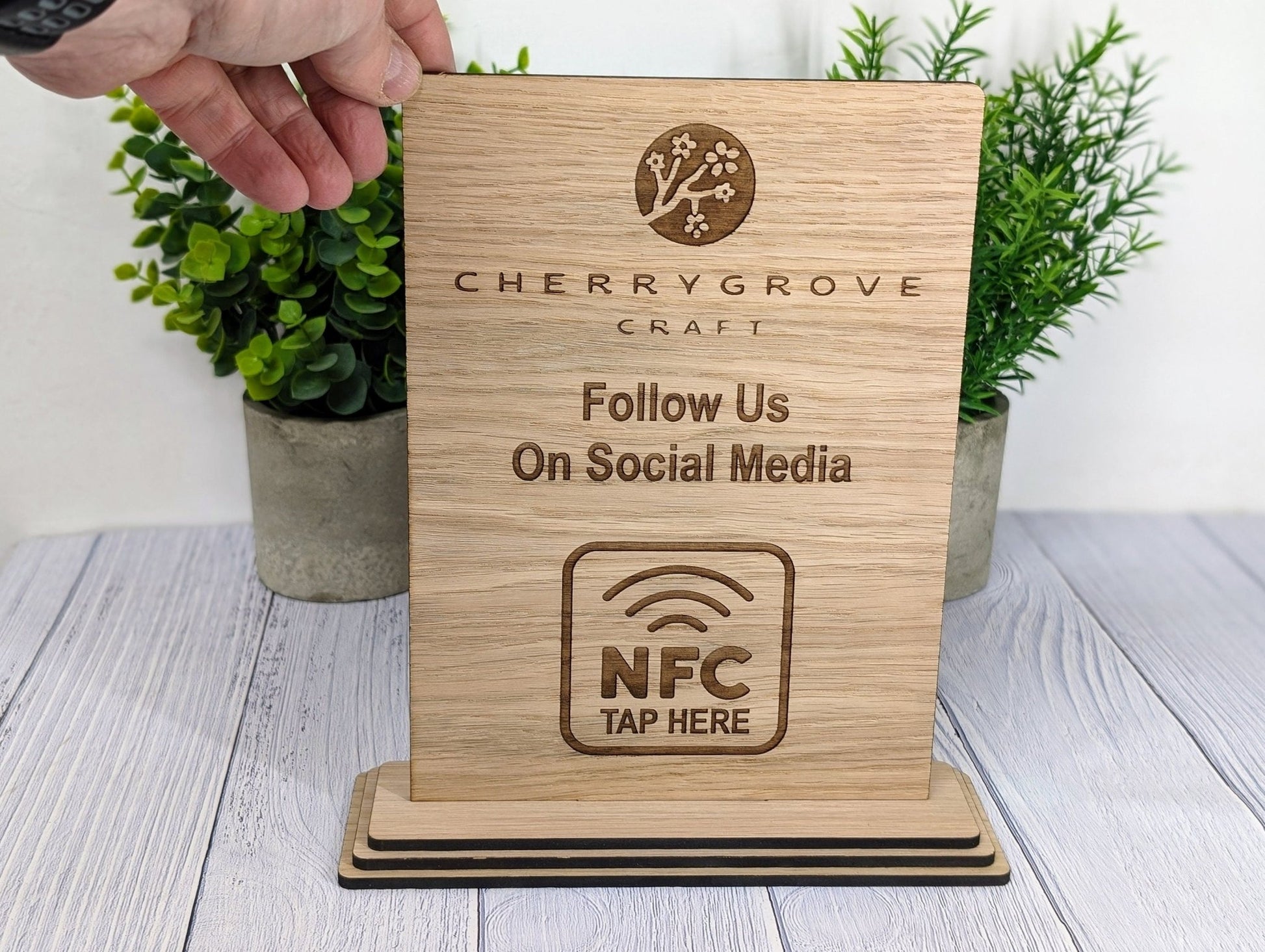 Custom NFC 'Tap to Follow Us' Wooden Sign - Personalised Social Media Links, Eco - Friendly, Freestanding, XL Size, Table Signage Extra Large - CherryGroveCraft