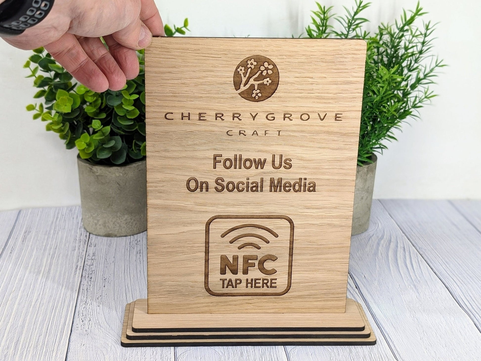 Custom NFC 'Tap to Follow Us' Wooden Sign - Personalised Social Media Links, Eco - Friendly, Freestanding, XL Size, Table Signage Extra Large - CherryGroveCraft