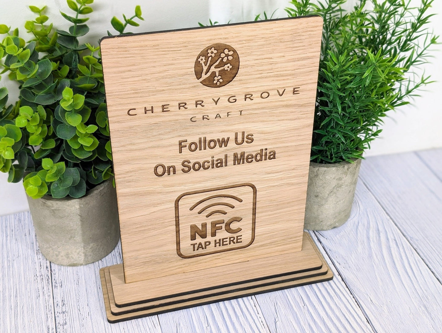 Custom NFC 'Tap to Follow Us' Wooden Sign - Personalised Social Media Links, Eco - Friendly, Freestanding, XL Size, Table Signage Extra Large - CherryGroveCraft