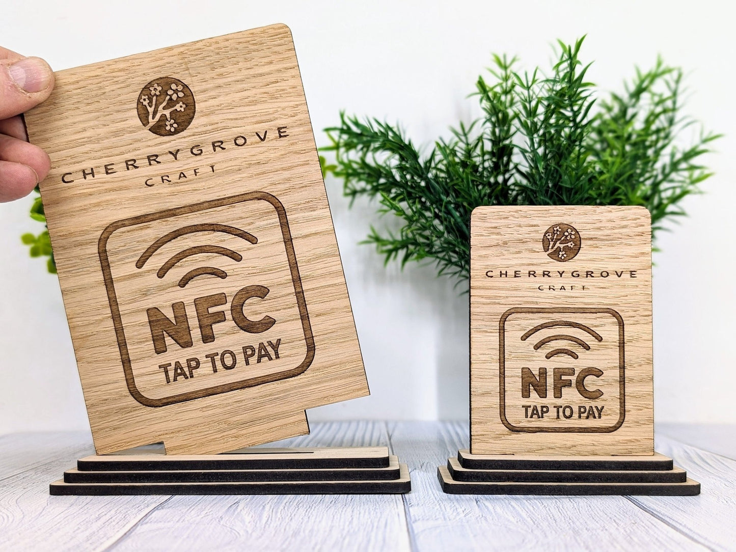 Custom NFC 'Tap to Pay' Wooden Sign - Personalised Logo, Eco - Friendly, Handmade in Wales, NFC tag, 2 Sizes, Signage - CherryGroveCraft