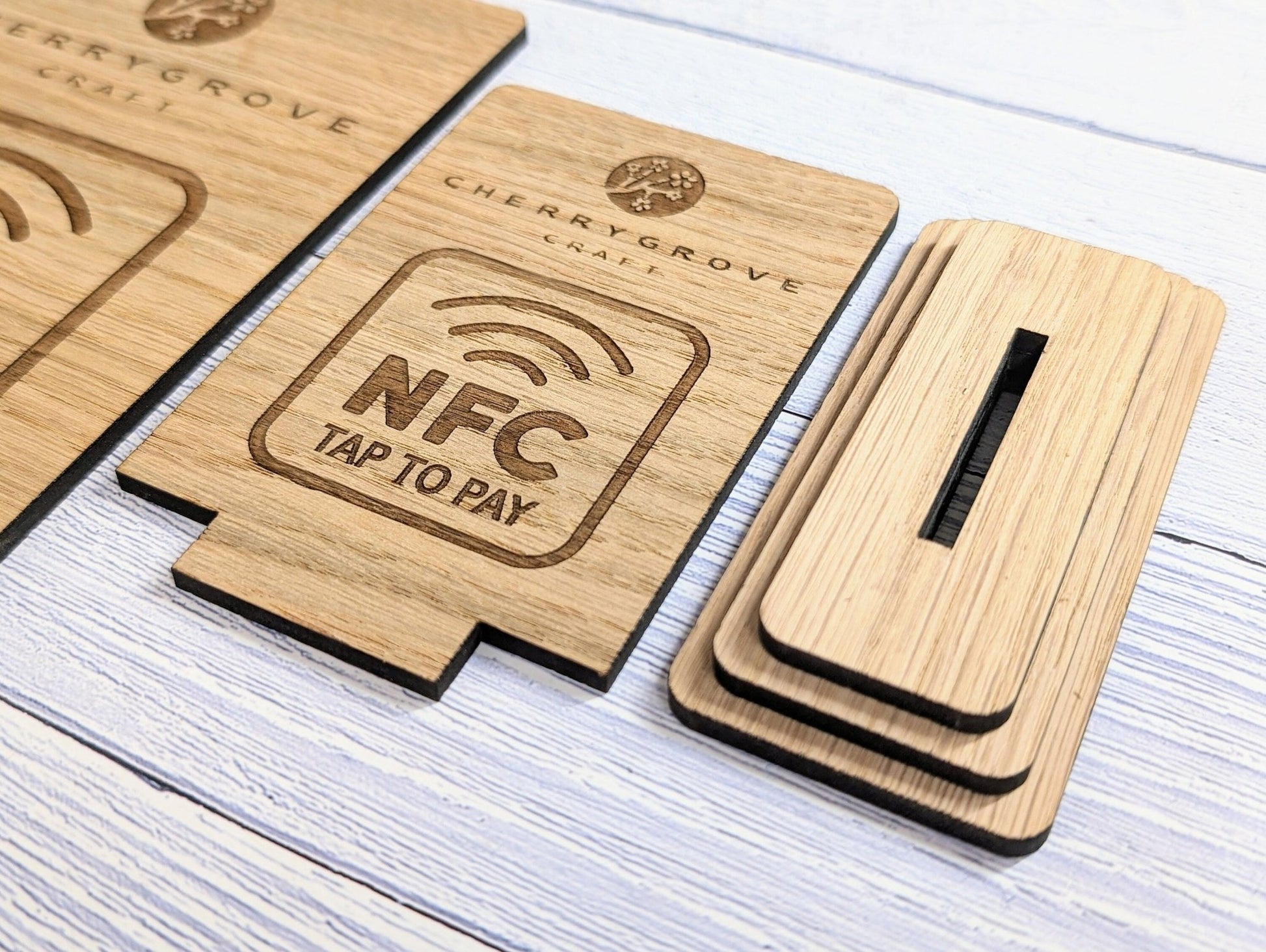 Custom NFC 'Tap to Pay' Wooden Sign - Personalised Logo, Eco - Friendly, Handmade in Wales, NFC tag, 2 Sizes, Signage - CherryGroveCraft