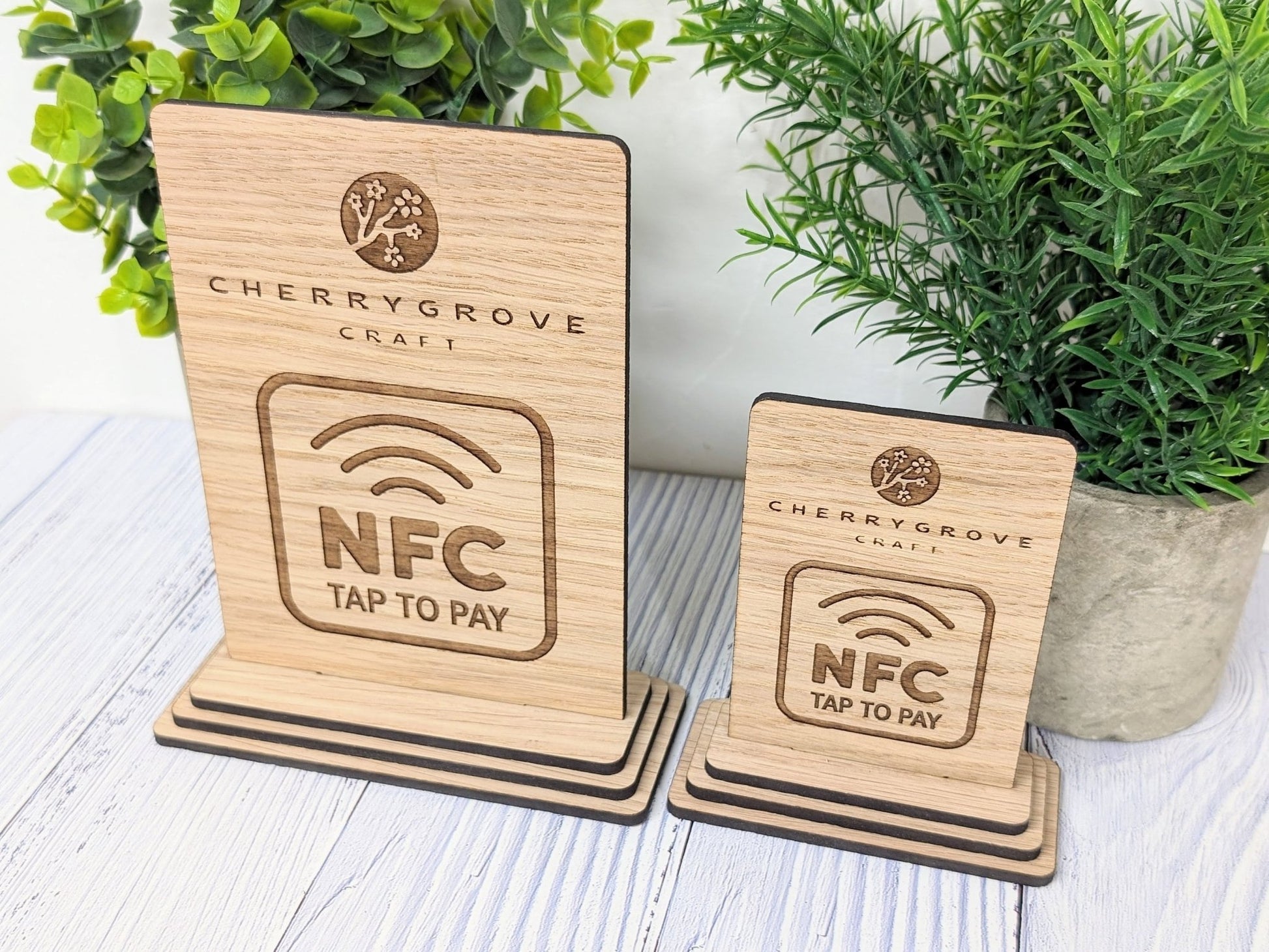 Custom NFC 'Tap to Pay' Wooden Sign - Personalised Logo, Eco - Friendly, Handmade in Wales, NFC tag, 2 Sizes, Signage - CherryGroveCraft
