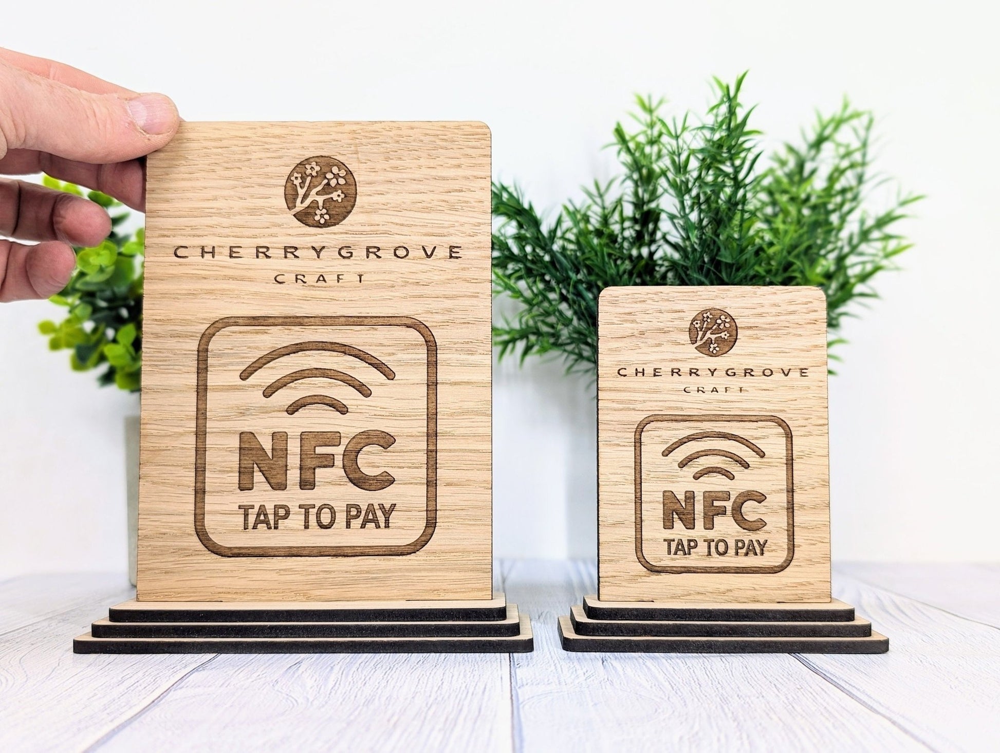 Custom NFC 'Tap to Pay' Wooden Sign - Personalised Logo, Eco - Friendly, Handmade in Wales, NFC tag, 2 Sizes, Signage - CherryGroveCraft