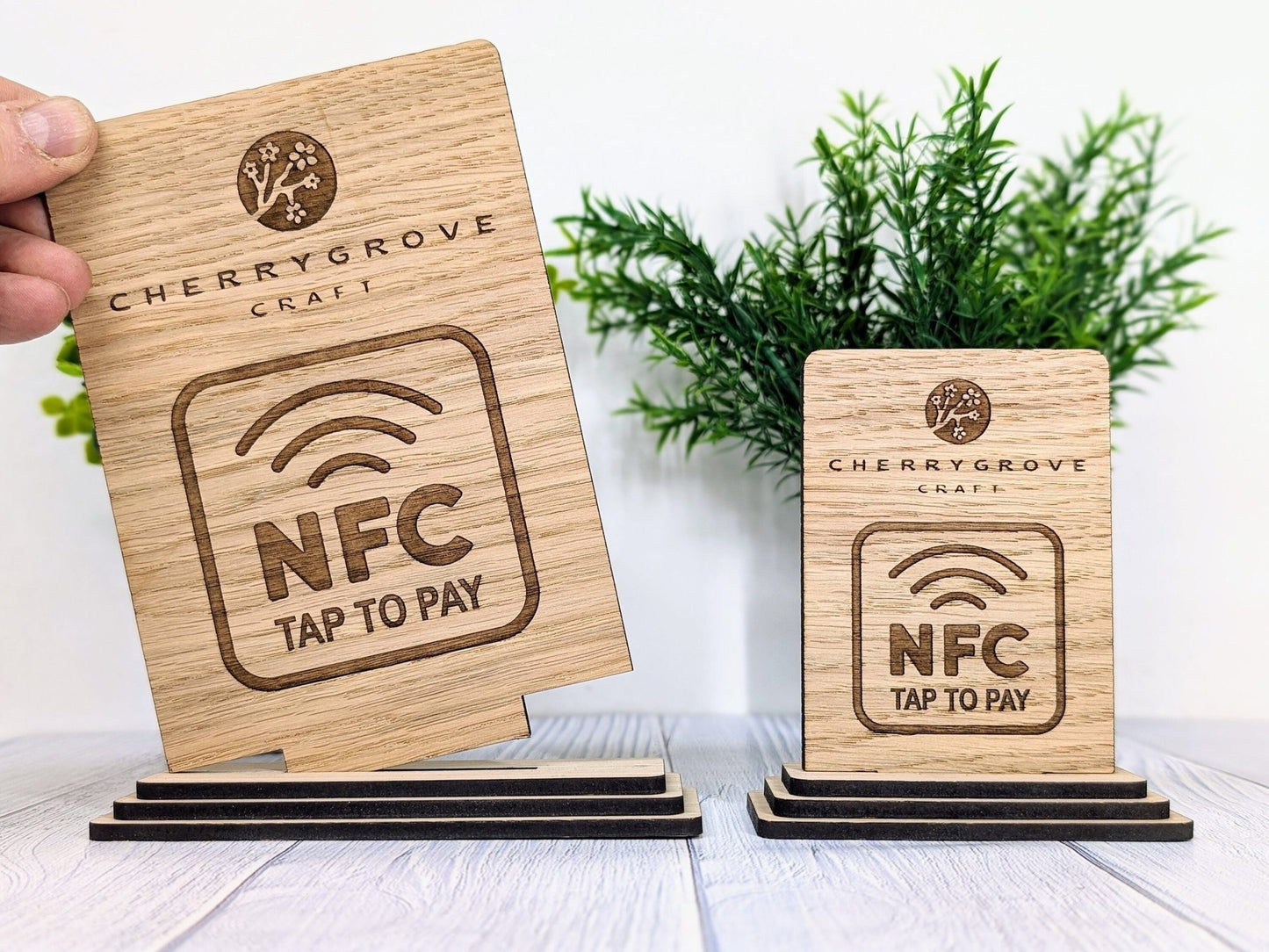 Custom NFC 'Tap to Pay' Wooden Sign - Personalised Logo, Eco - Friendly, Handmade in Wales, NFC tag, 2 Sizes, Signage - CherryGroveCraft