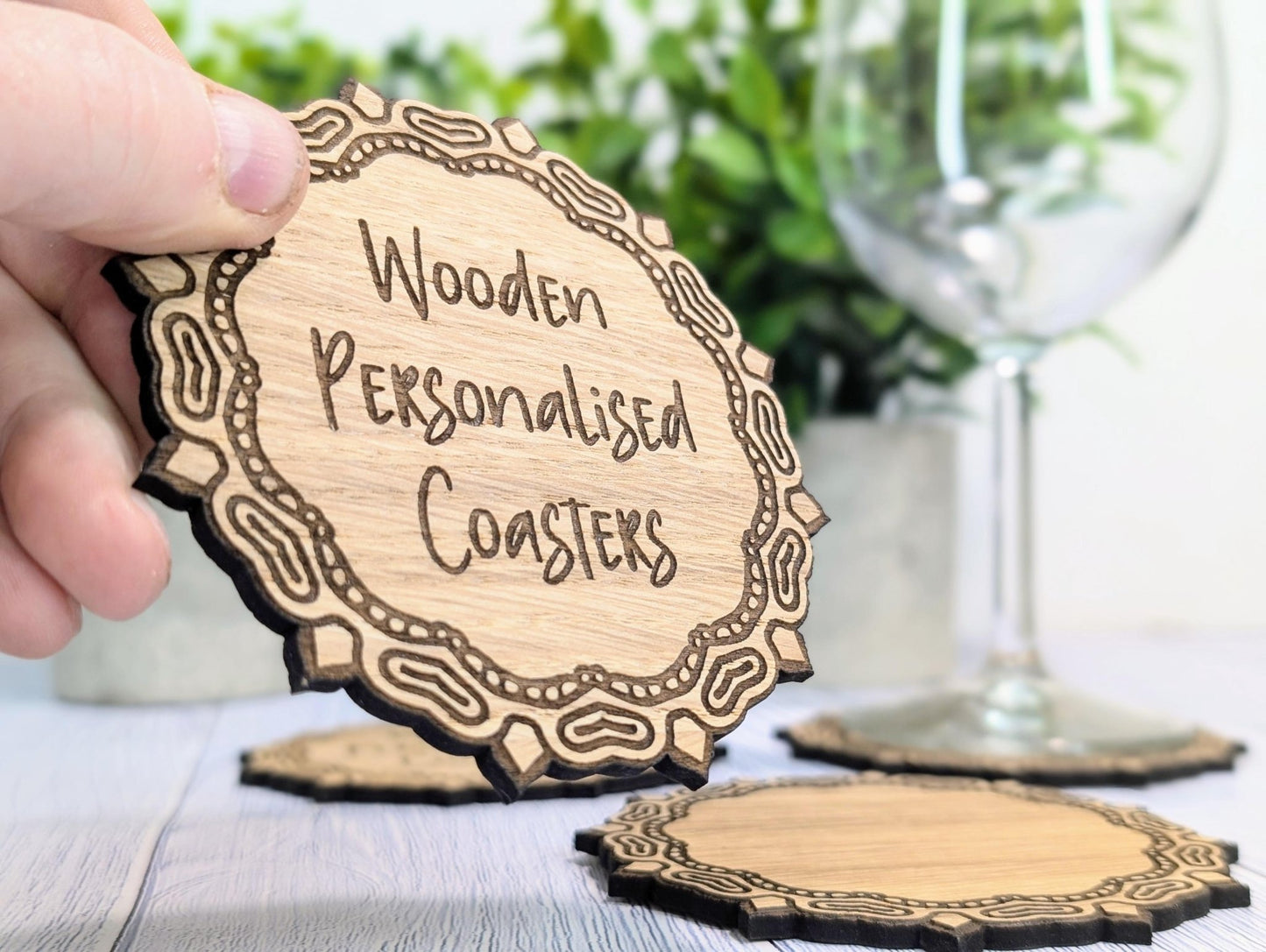 Custom Oak Coasters - Personalised Text – Eco - Friendly Gift, Your Own Message, Engraved Border – Bespoke Sustainable Craft, 110mm Diameter - CherryGroveCraft