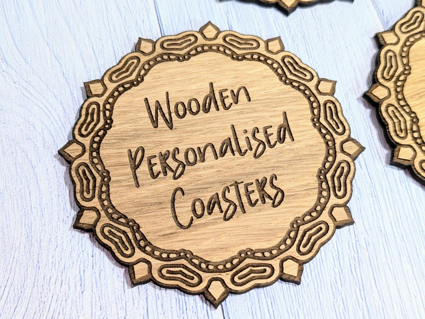 Custom Oak Coasters - Personalised Text – Eco - Friendly Gift, Your Own Message, Engraved Border – Bespoke Sustainable Craft, 110mm Diameter - CherryGroveCraft