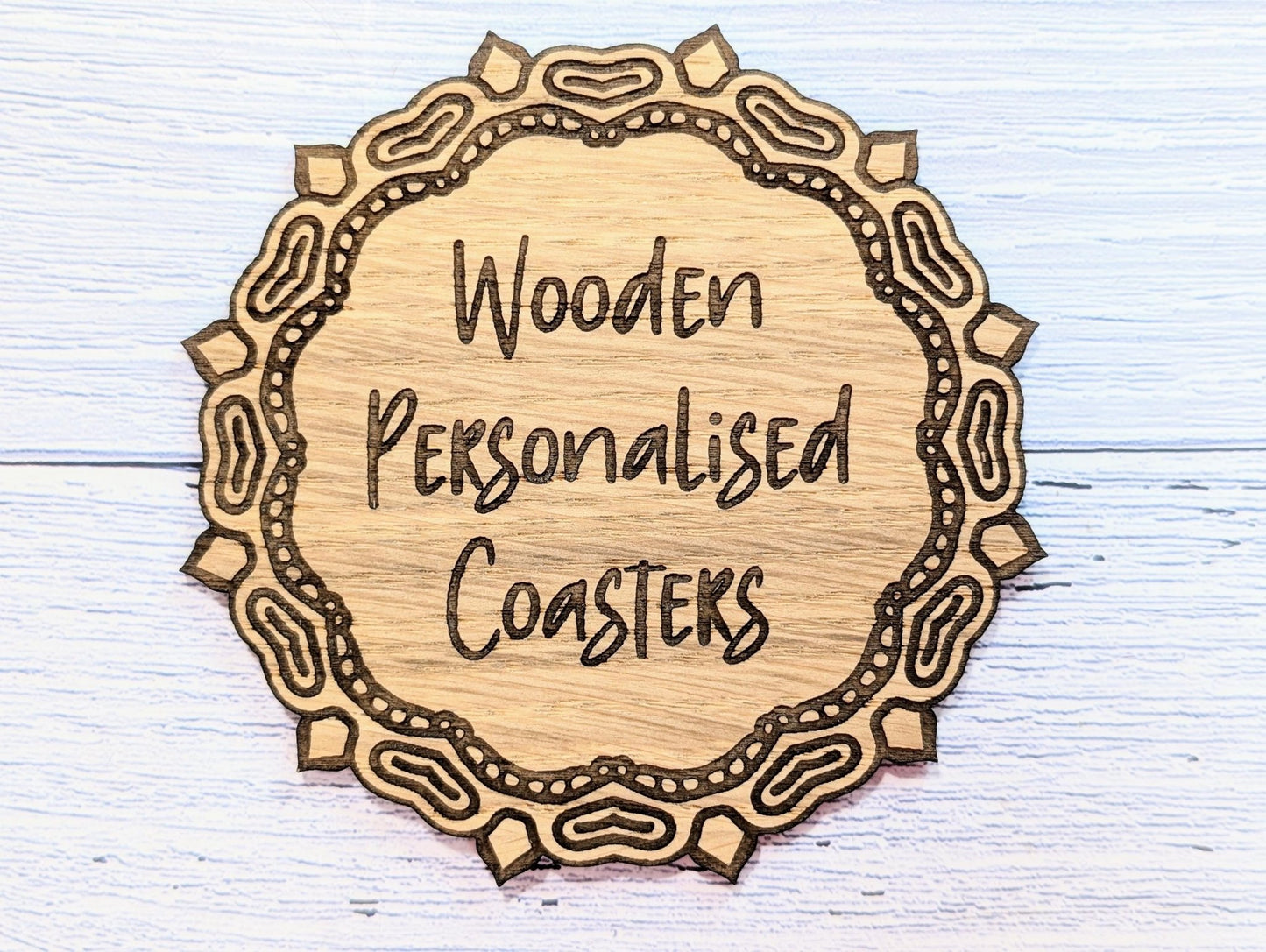 Custom Oak Coasters - Personalised Text – Eco - Friendly Gift, Your Own Message, Engraved Border – Bespoke Sustainable Craft, 110mm Diameter - CherryGroveCraft